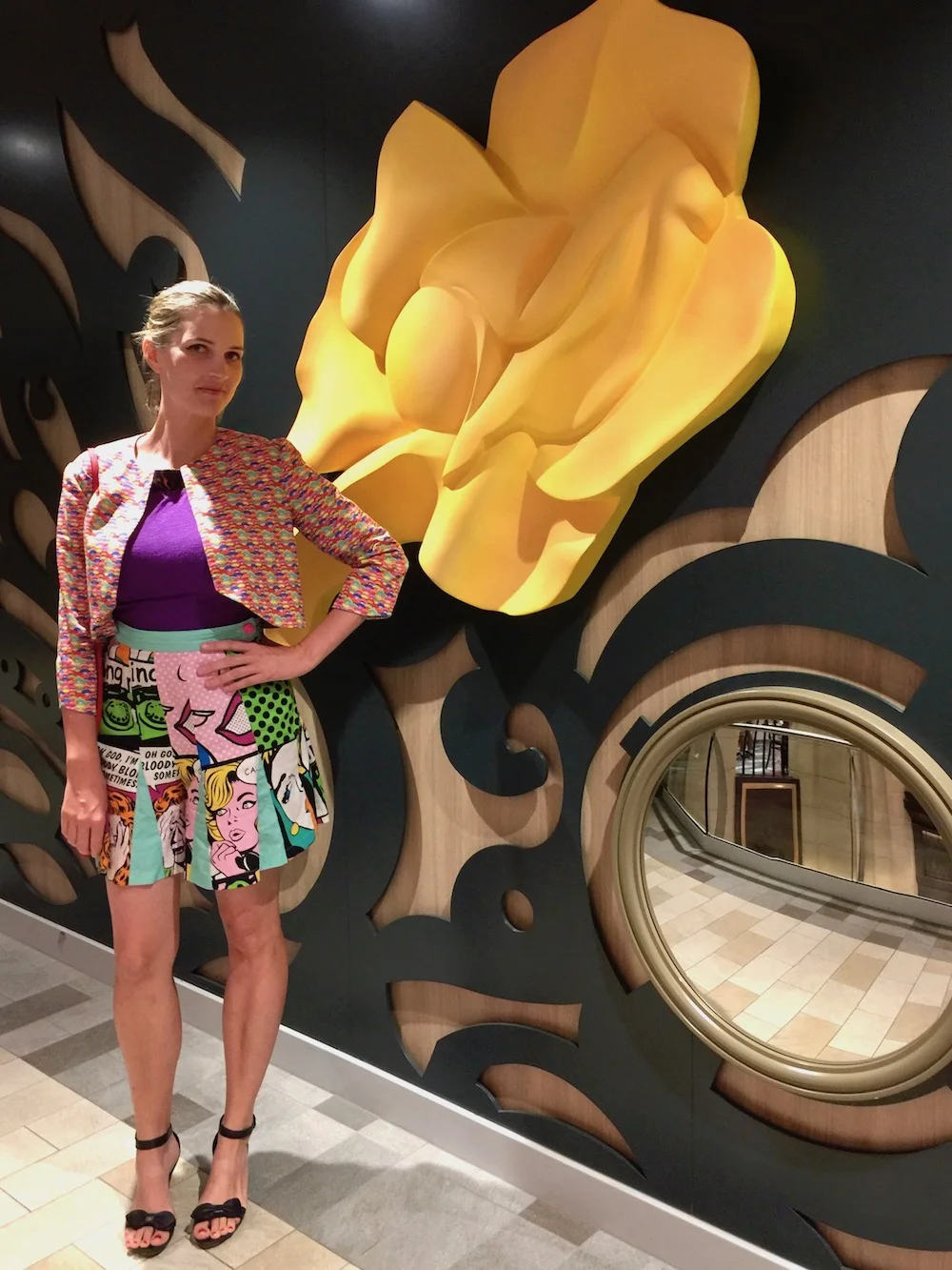 One of my favourite outfits while cruising... flared shorts, a knit top and my rainbow jacket.
