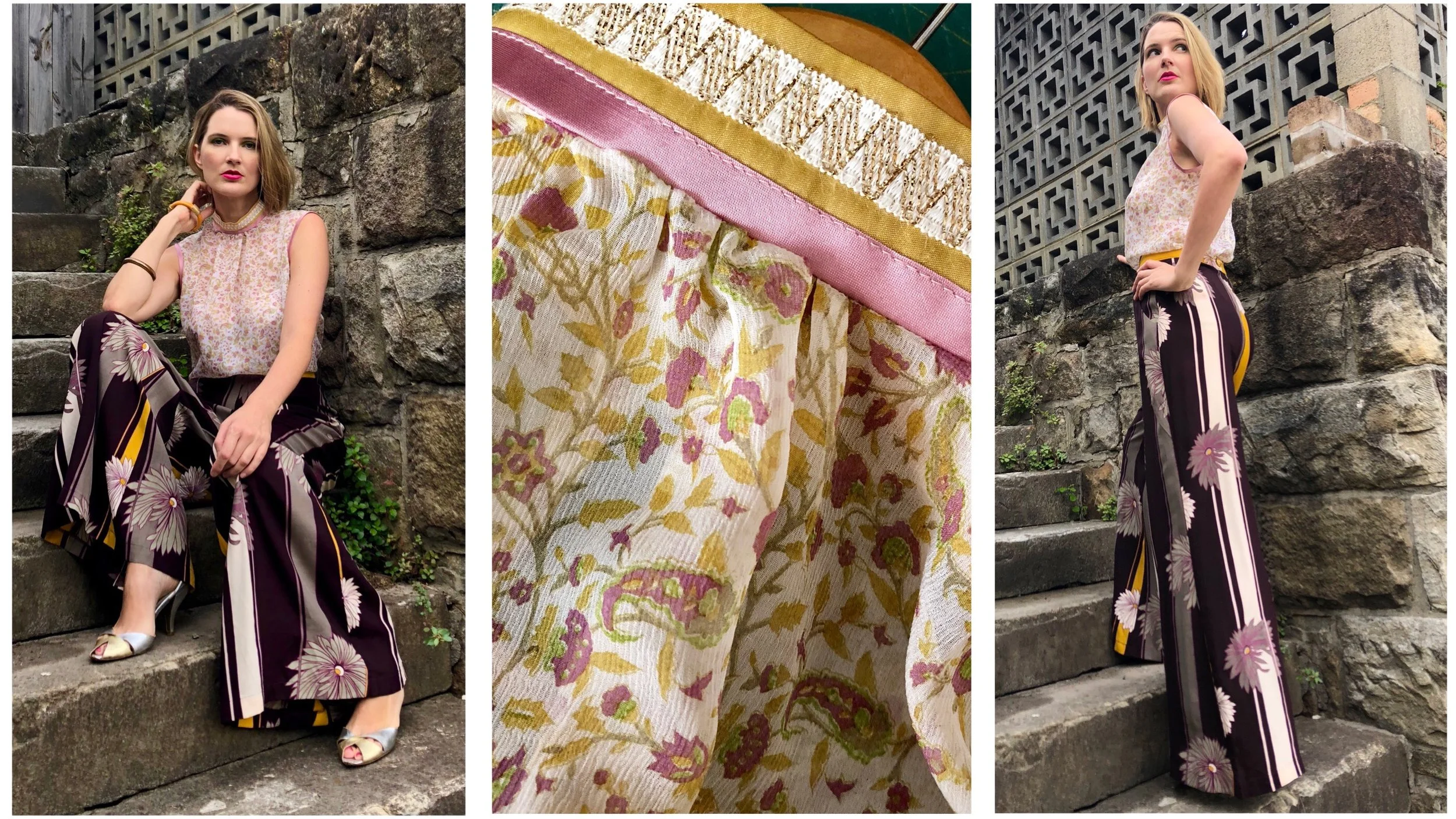 The blouse featured here is flattering on many shapes, and can be worn in colder weather with a pale turtleneck skivvy underneath. I think in Sydney it's easier to have tran-seasonal pieces that you can layer if need be. This blouse is ideal for all year round if you wear it the right way. The Purple and Gold Floral Silk Blouse ($160 AUD), featuring a vintage metallic braid around the neck and back. This blouse is also featured in the Stripe Jacket and Check Skirt outfit shown below. Worn with the Floral Stripe Rayon Flared Pants ($180 unlined, $220 fully lined AUD) created with a high waist, pockets and a vintage gold button at the back waist. Pants are SOLD OUT at time of posting.