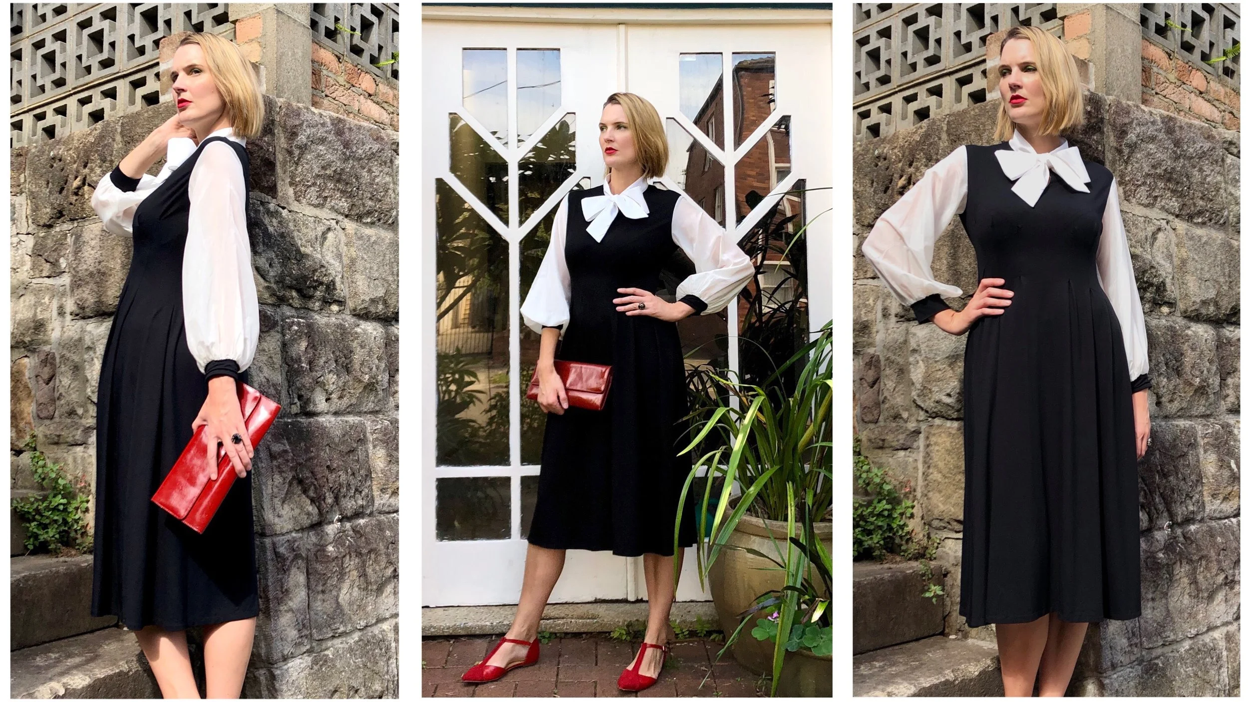This style is available in two colour ways... the red, black and white version, or the above version shown here in black and cream. I have combined two of my most popular styles to create this knit dress: my ever popular bow tie knit top, and my pleated dress style. It has the best of both worlds... being very glamorous, while also being very flattering and comfortable. The Black and Cream Bow Tie Dress ($240 AUD), handmade from a black rayon/elastane knit, and a cream silk/cotton voile. Both fabrics will launder well, and are very soft on the body.