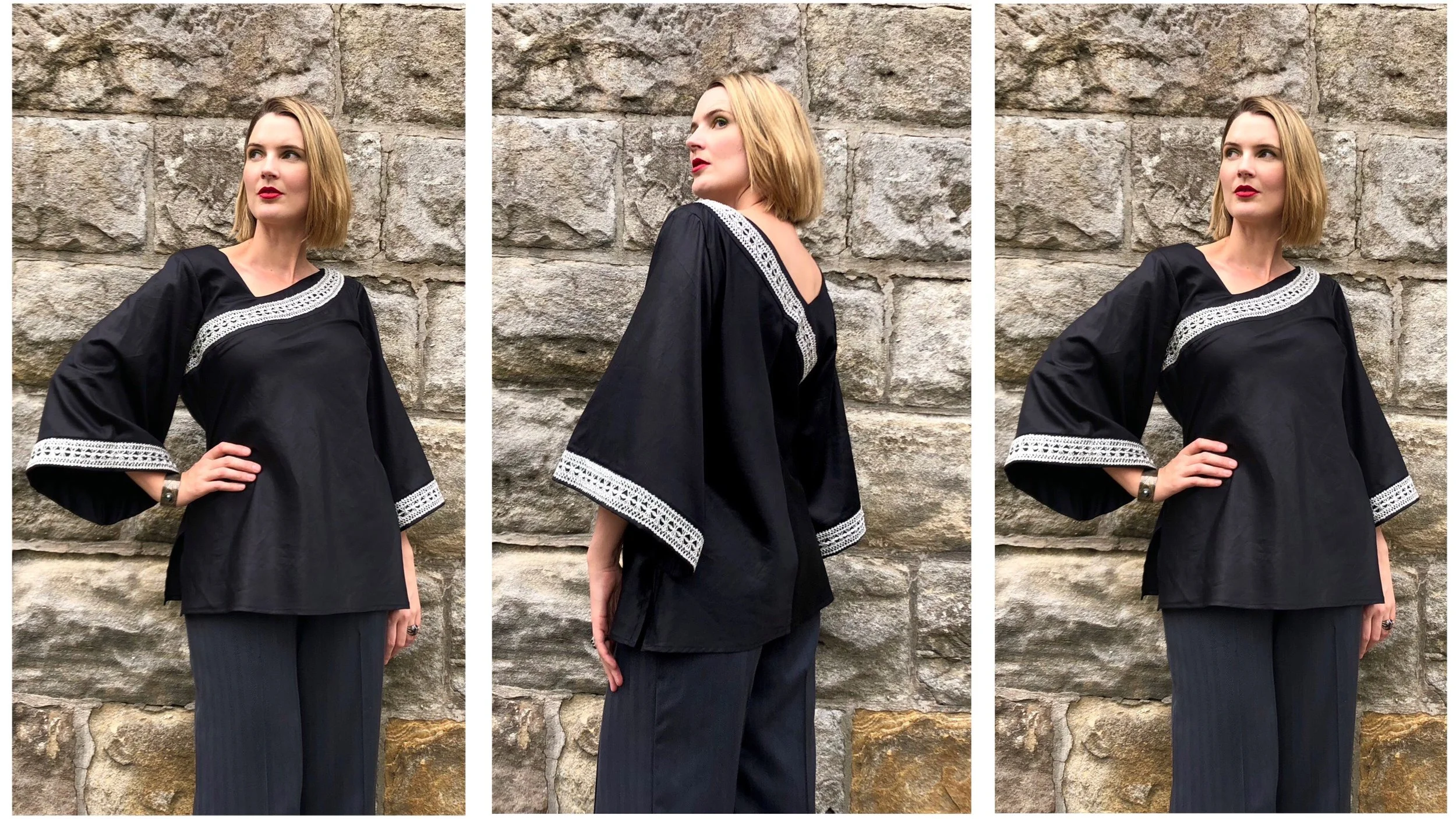 If you must wear black, wear it with style and flair! The silver braid makes this style very unique and dramatic! This design is perfect to wear with pants, jeans or a straight/pencil skirt. The Black Cotton Asymmetric Bias Blouse ($200 AUD), features a silver metallic vintage braid, and wide flared sleeve. 