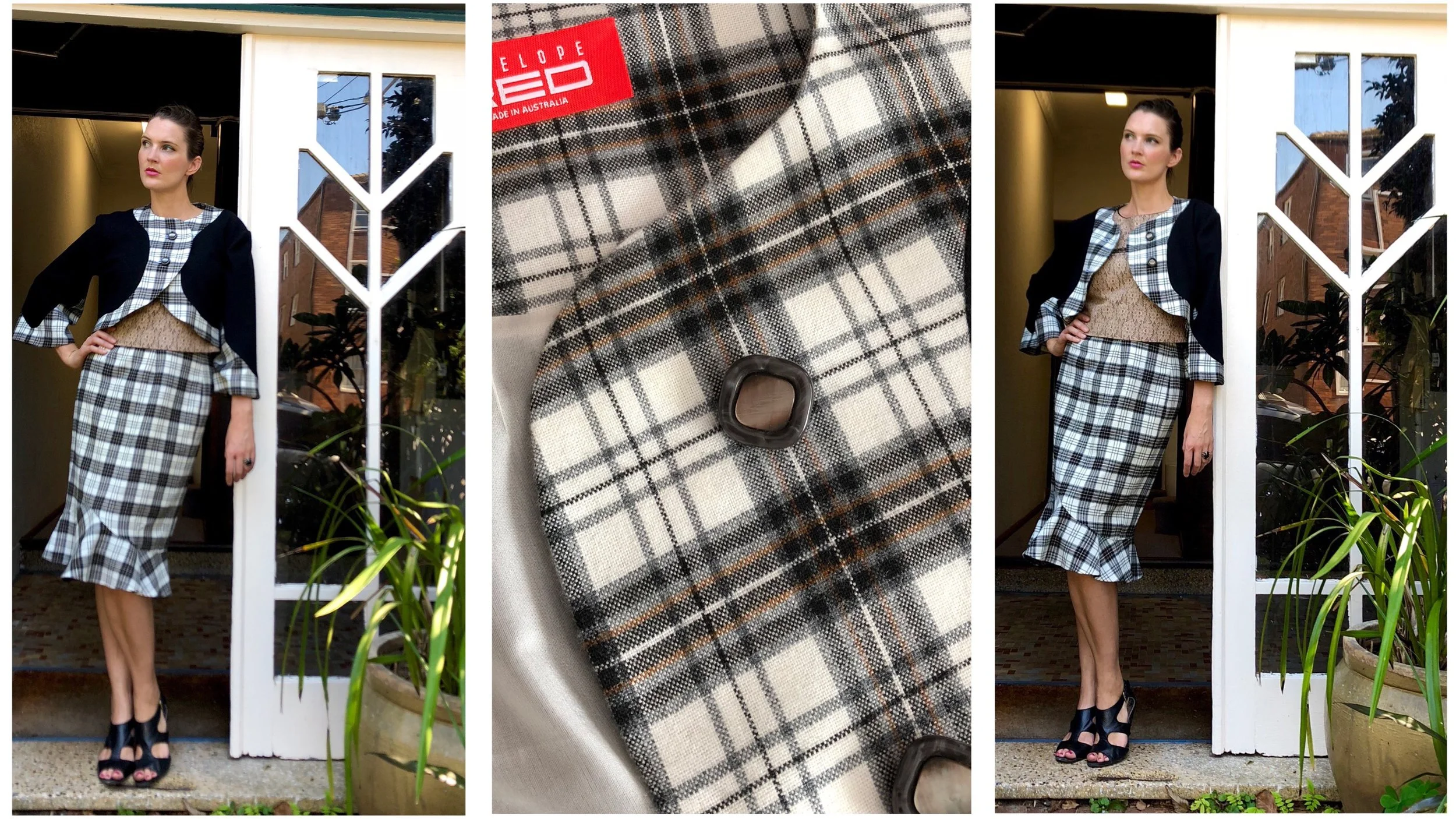 When creating the designs for this season, I remembered that a few of you have said to me that you like my designs because you can always find something unique and different to wear to work/the office. So I created a few designs for this scenario, including the above suit. The Black and White Check Bolero Jacket ($250 AUD), and the Black and White Check Tulip Skirt ($190 AUD) becomes a very unique suit. Handmade from a vintage wool blend. Only TWO COPIES of this suit will be created. Complete with vintage buttons!
