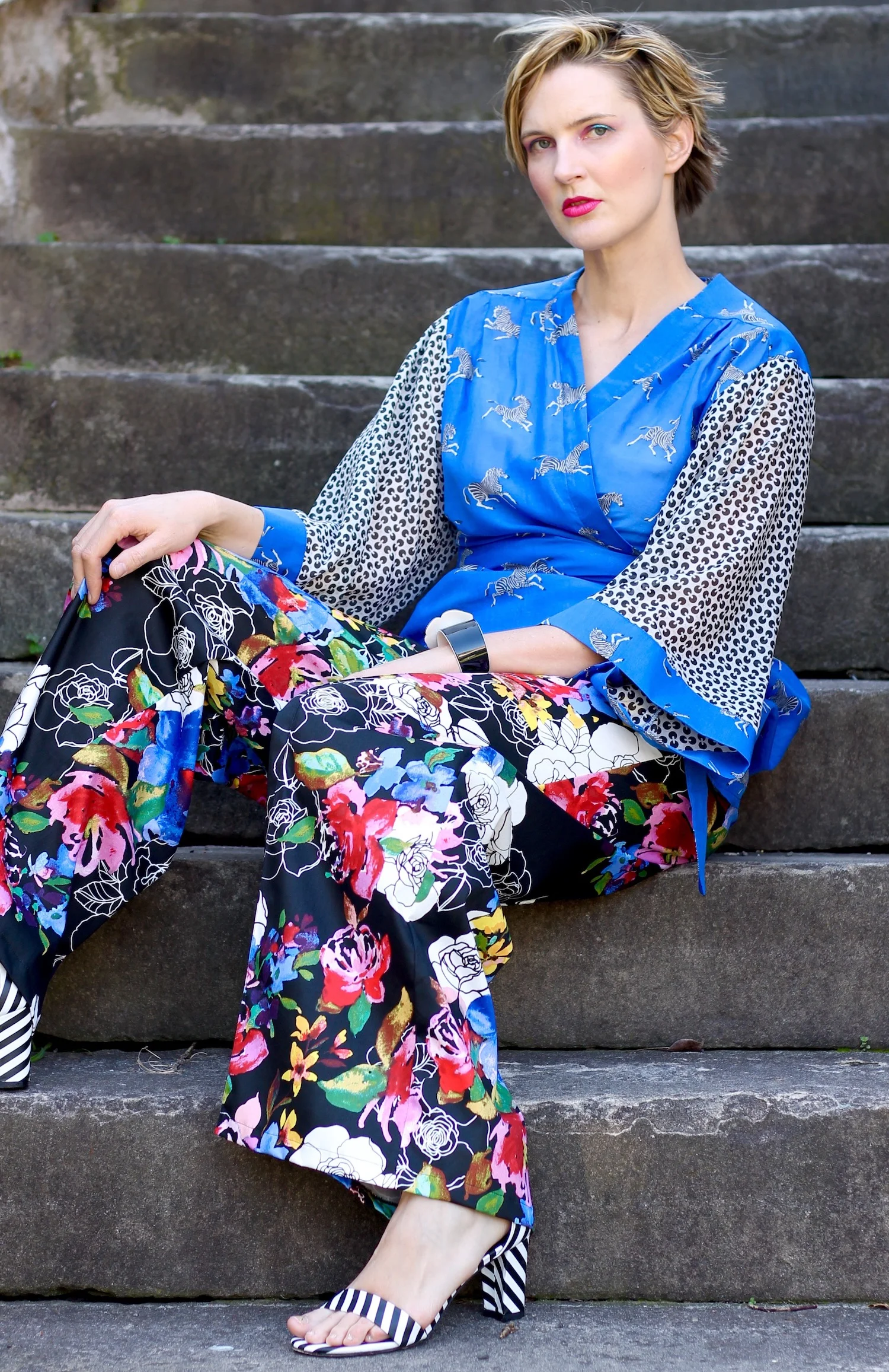 The Blue Zebra Kimono and the Floral Flared Pants