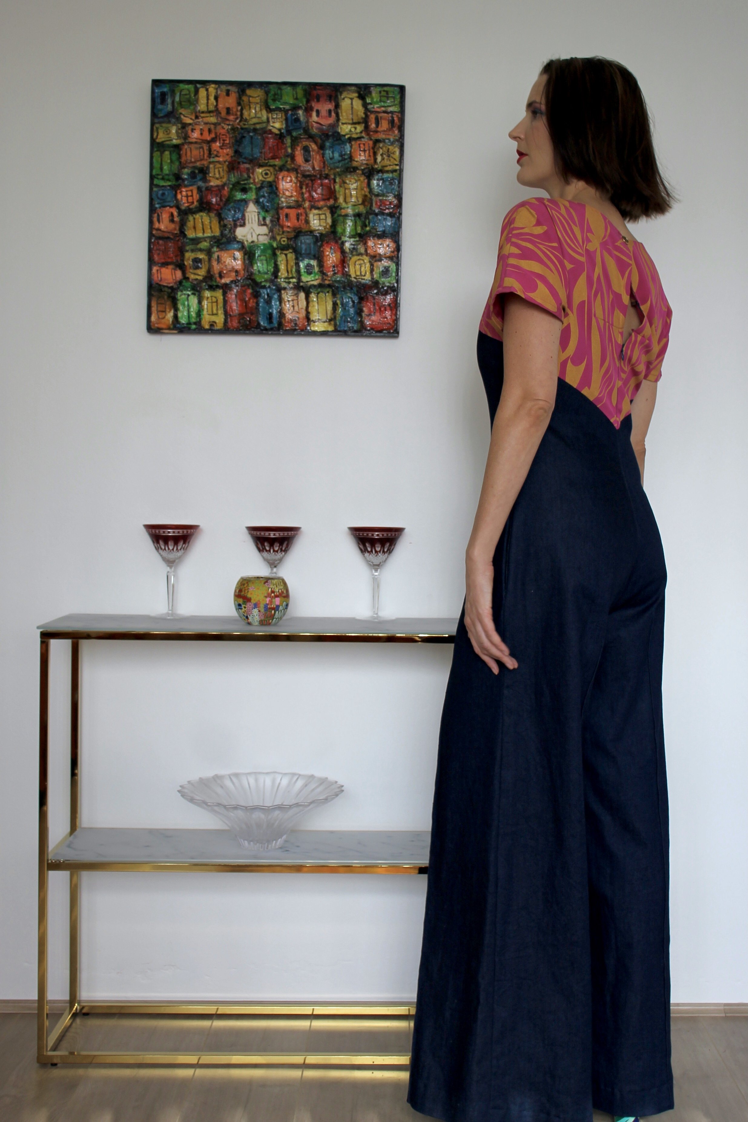 Pink Gold and Denim Long Jumpsuit with 