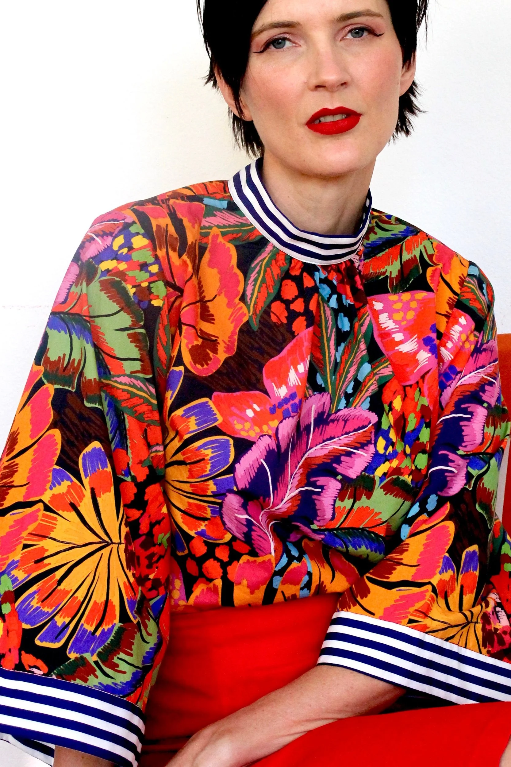Bright Floral Flared Sleeve Cotton Blouse