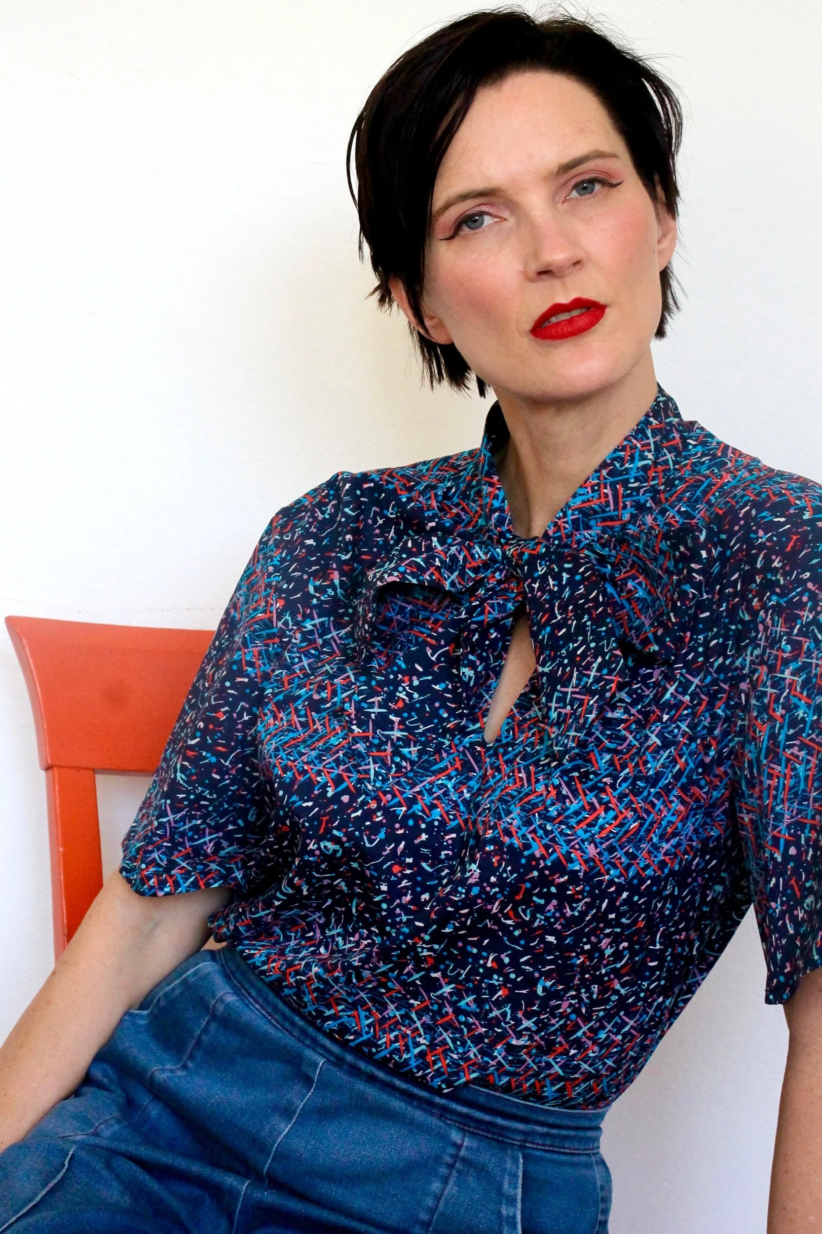 Blue Cotton Bow Tie Blouse