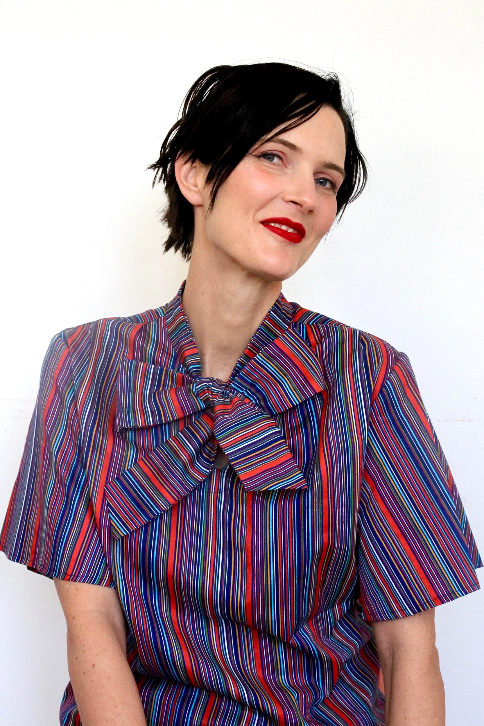 Bright Stripe Cotton Bow Tie Blouse