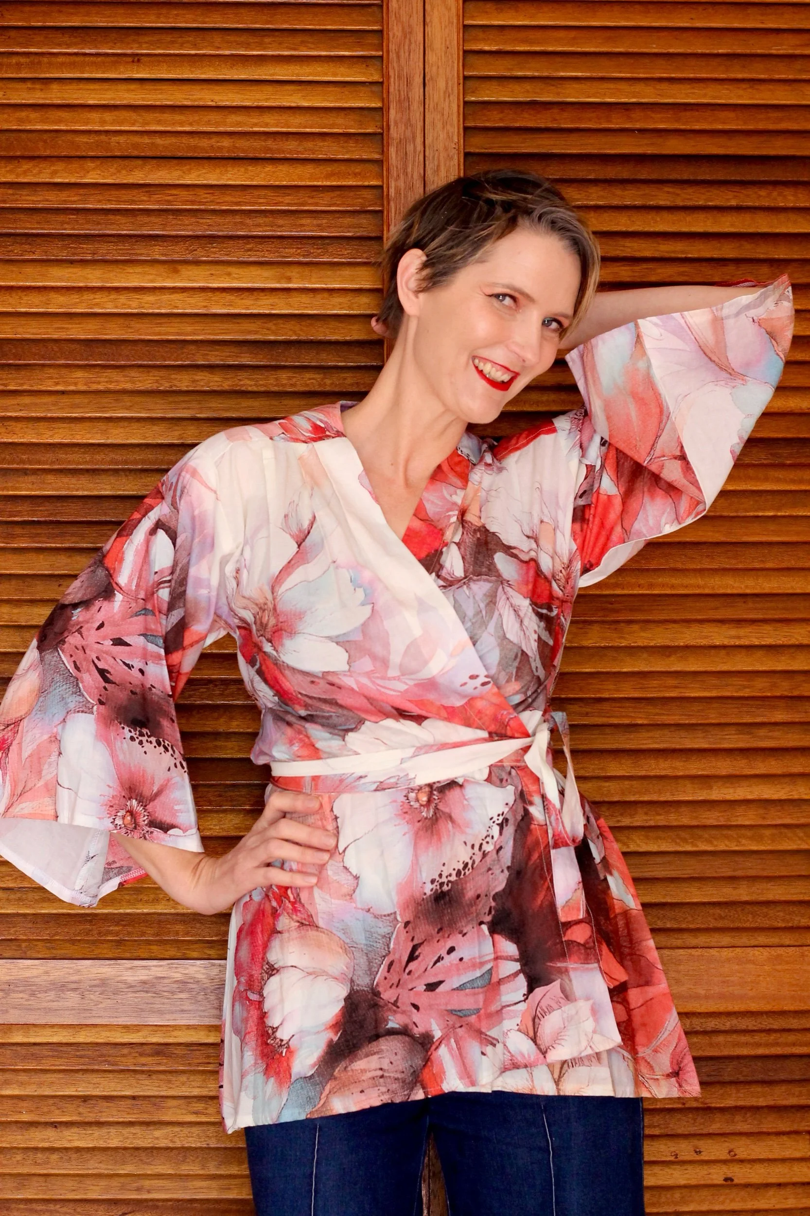 Red and white floral kimono inspired blouse, handmade for women.