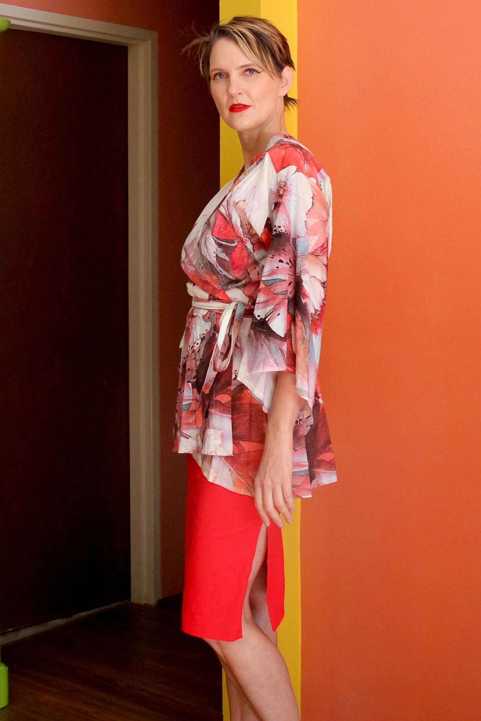 Red and white floral kimono inspired blouse, handmade for women.