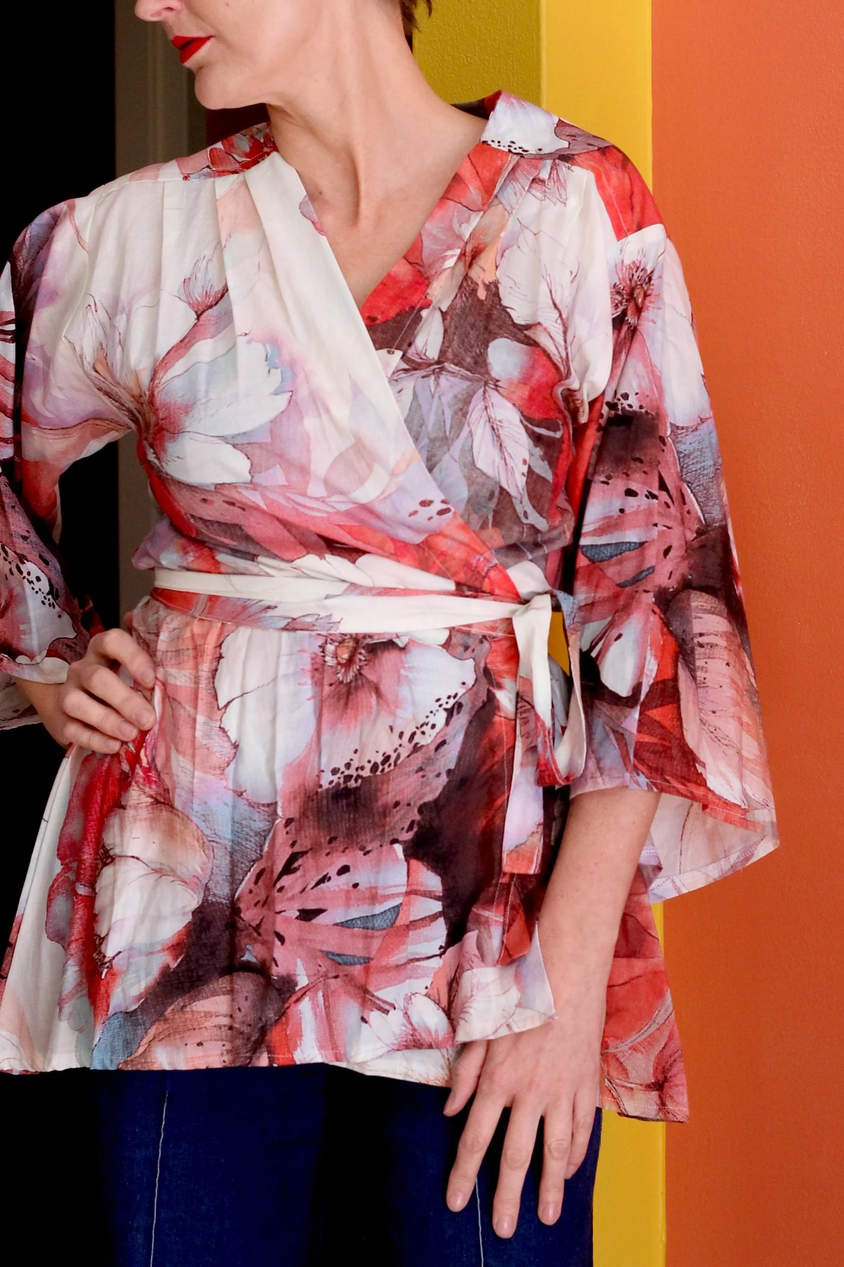 Red and white floral kimono inspired blouse, handmade for women.