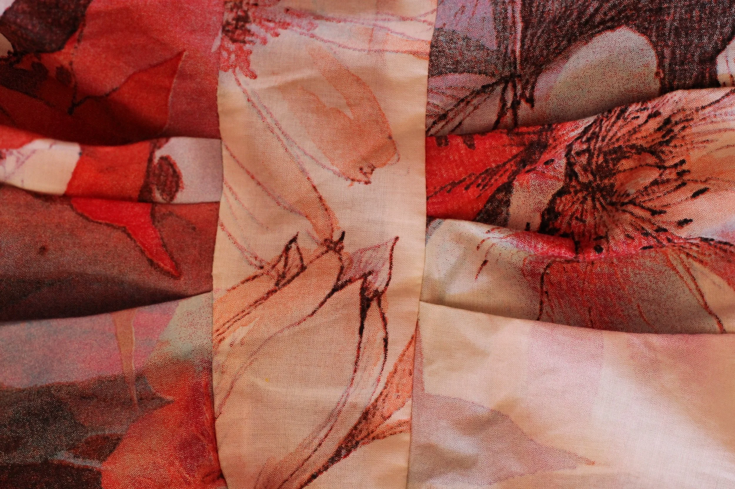 Red and white floral kimono inspired blouse, handmade for women. Up close and detail image.