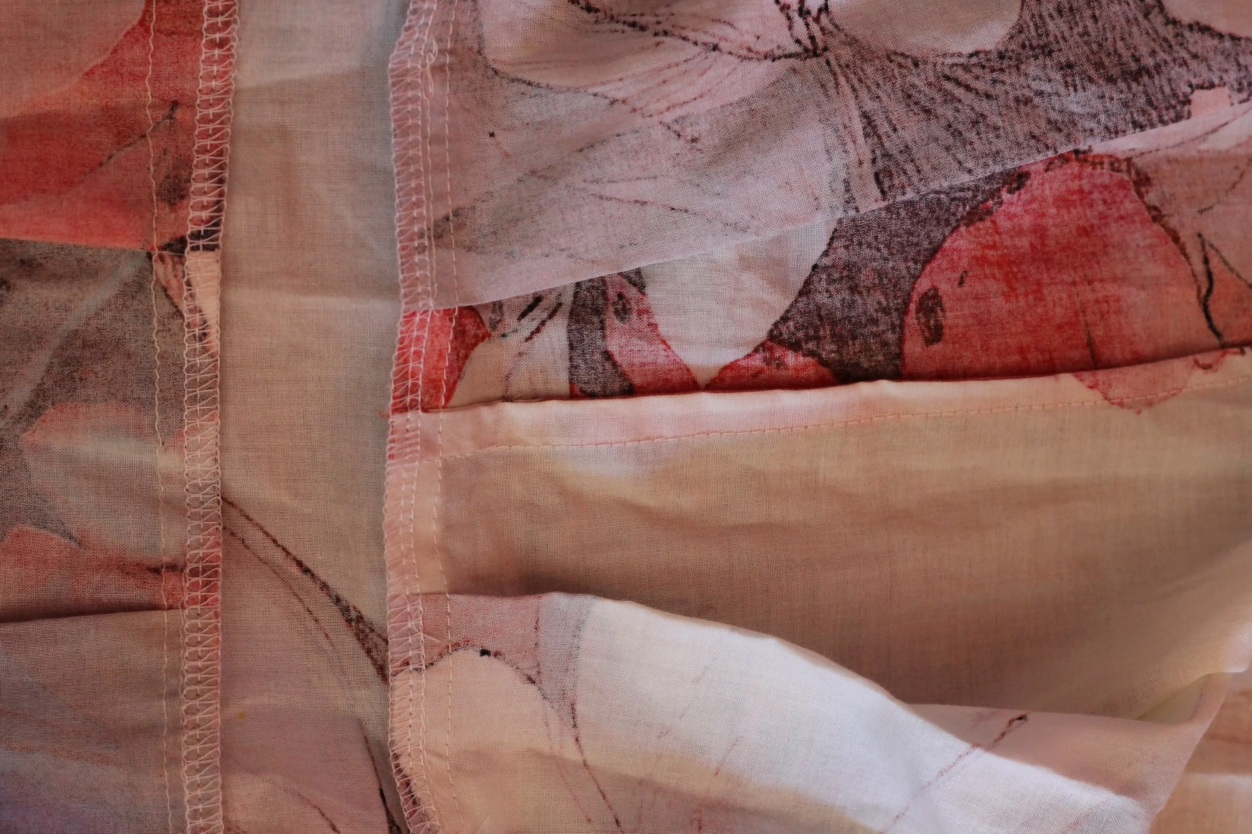 Red and white floral kimono inspired blouse, handmade for women. Up close and detail image.