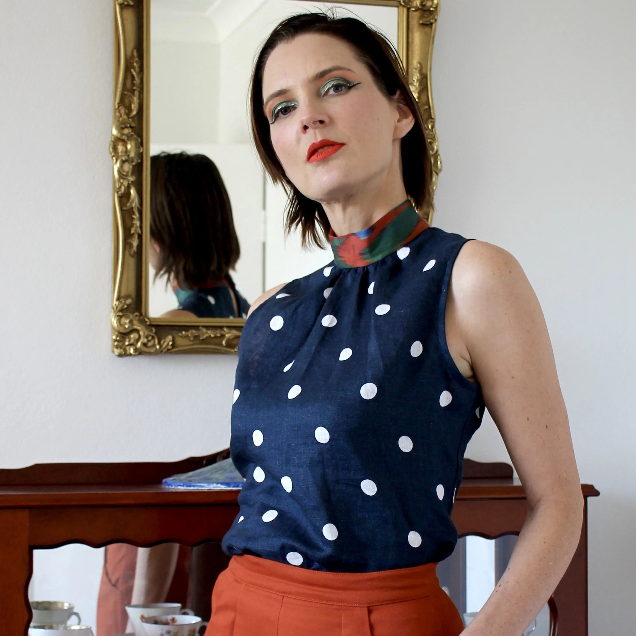 Linen Navy Polka Dot Sleeveless Blouse AU size 8