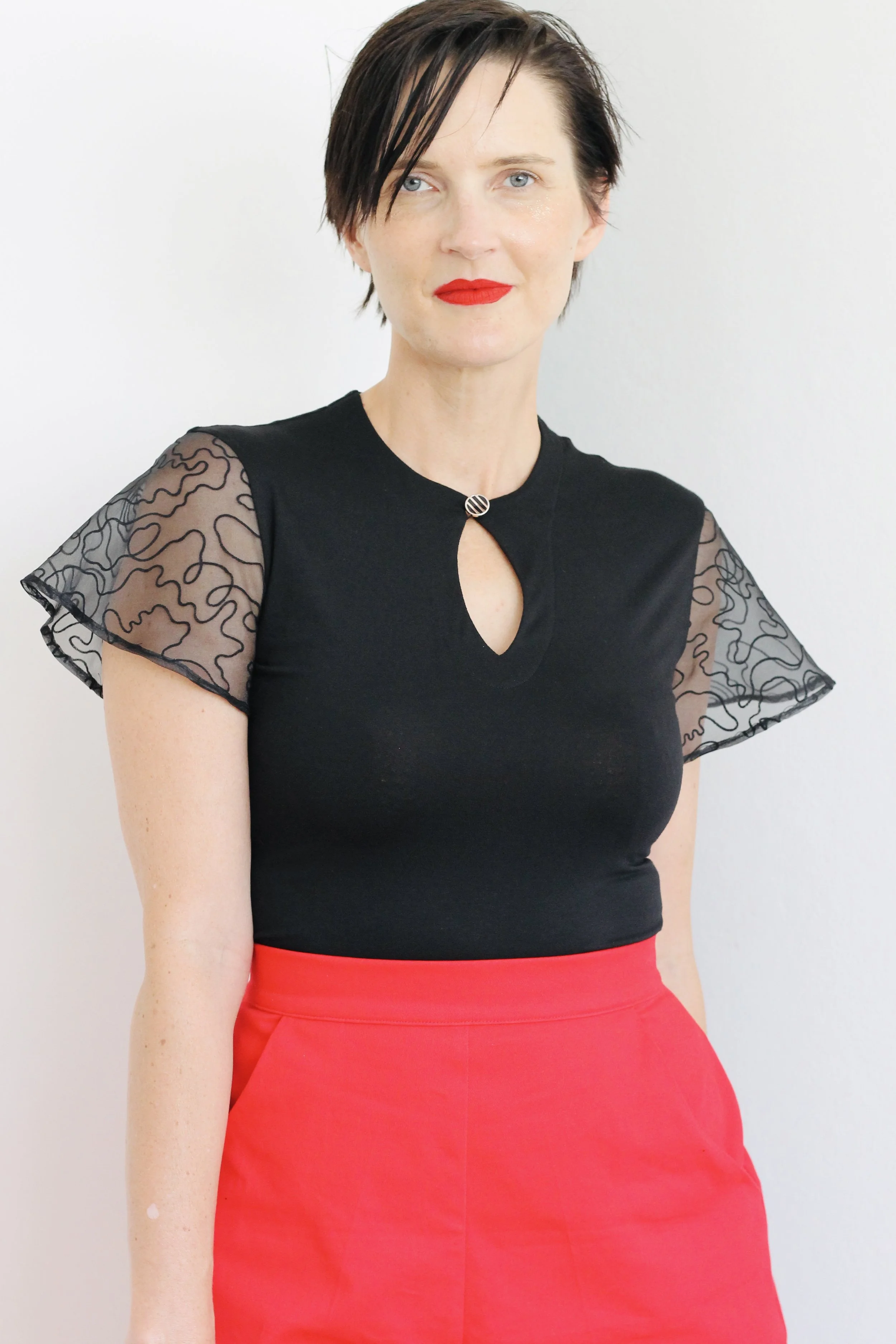 Women’s Black Keyhole Knit Top w Organza Sleeve AU Sz 12