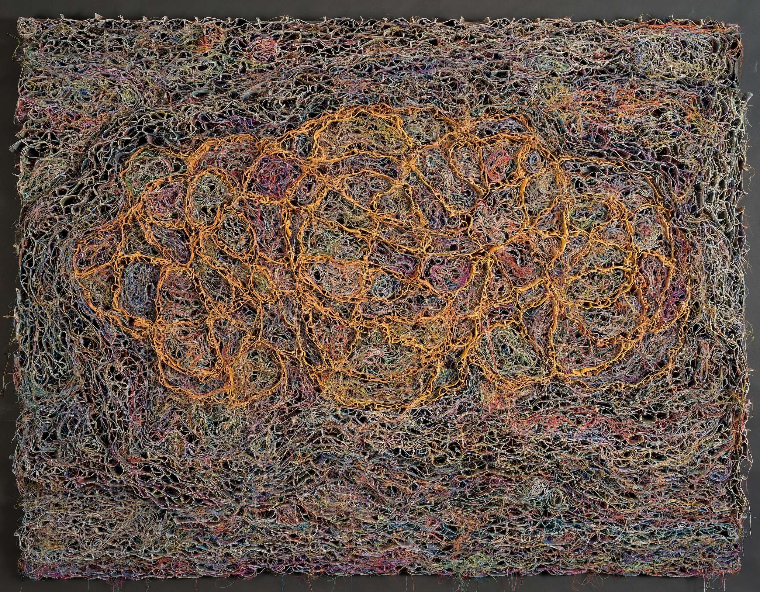   Circuitous Golden Pathway   canvas, acrylic, thread, acrylic metallic paint  44"h x 57"w x 2 1/2"d  SOLD 