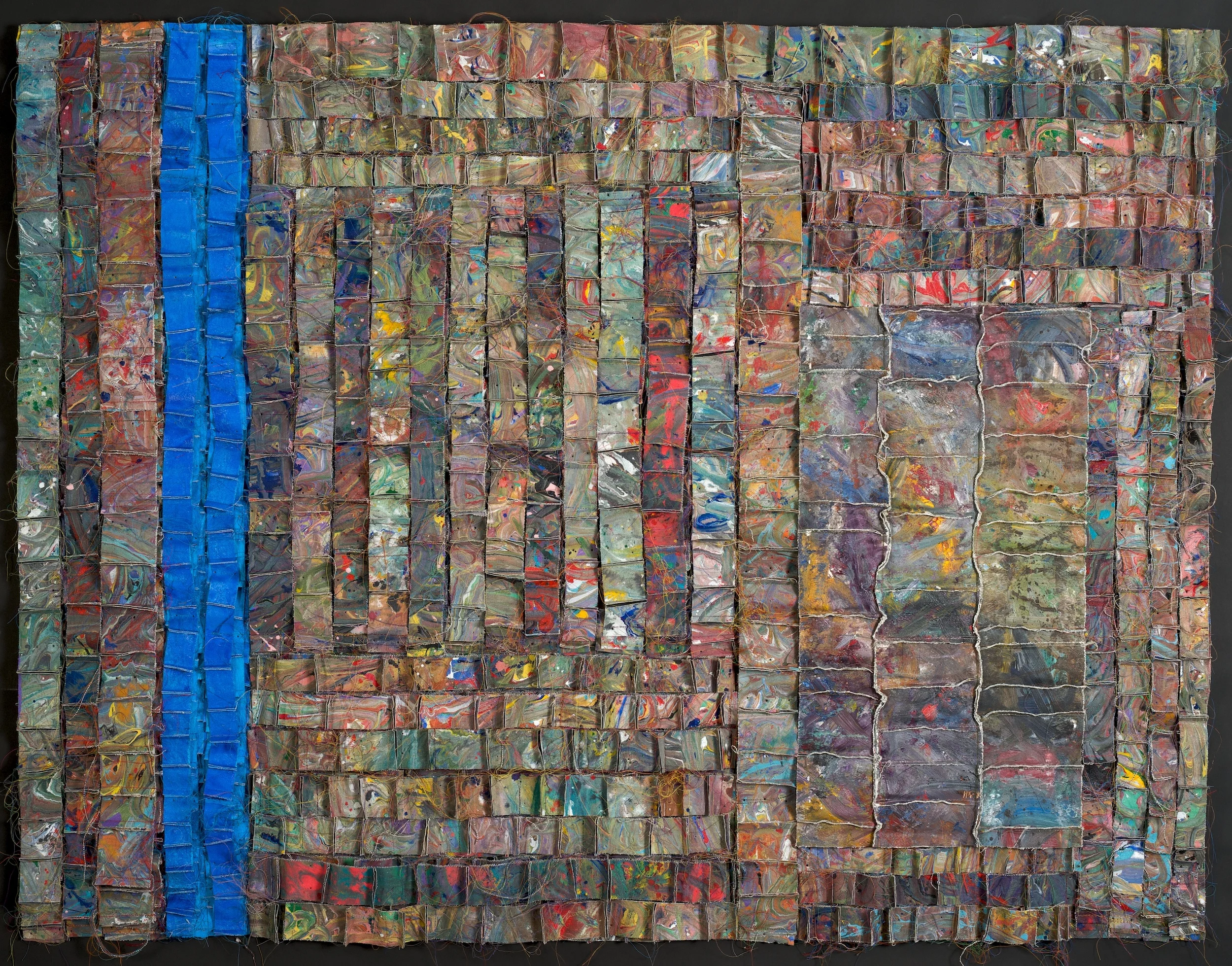   Blue Vertical   canvas, acrylic, thread  43"h x 56"w x 1 1/2"d 