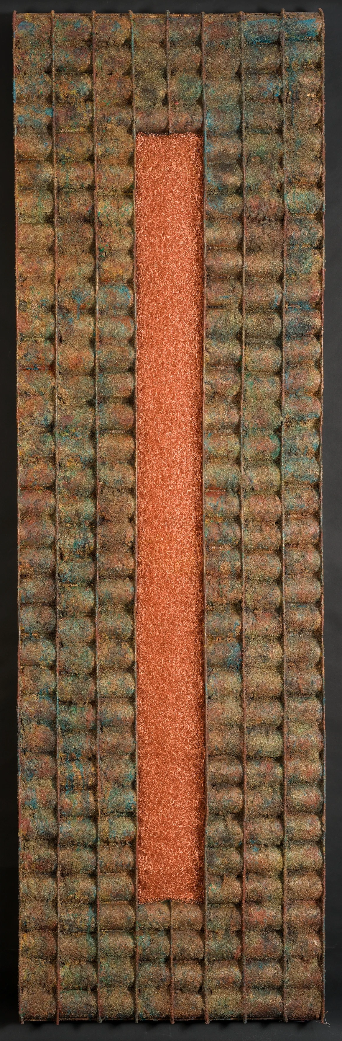   Textures of New Orleans #2   acrylic on canvas, ceramic grog, copper wire, thread  80"h x 24"w x 2"d 