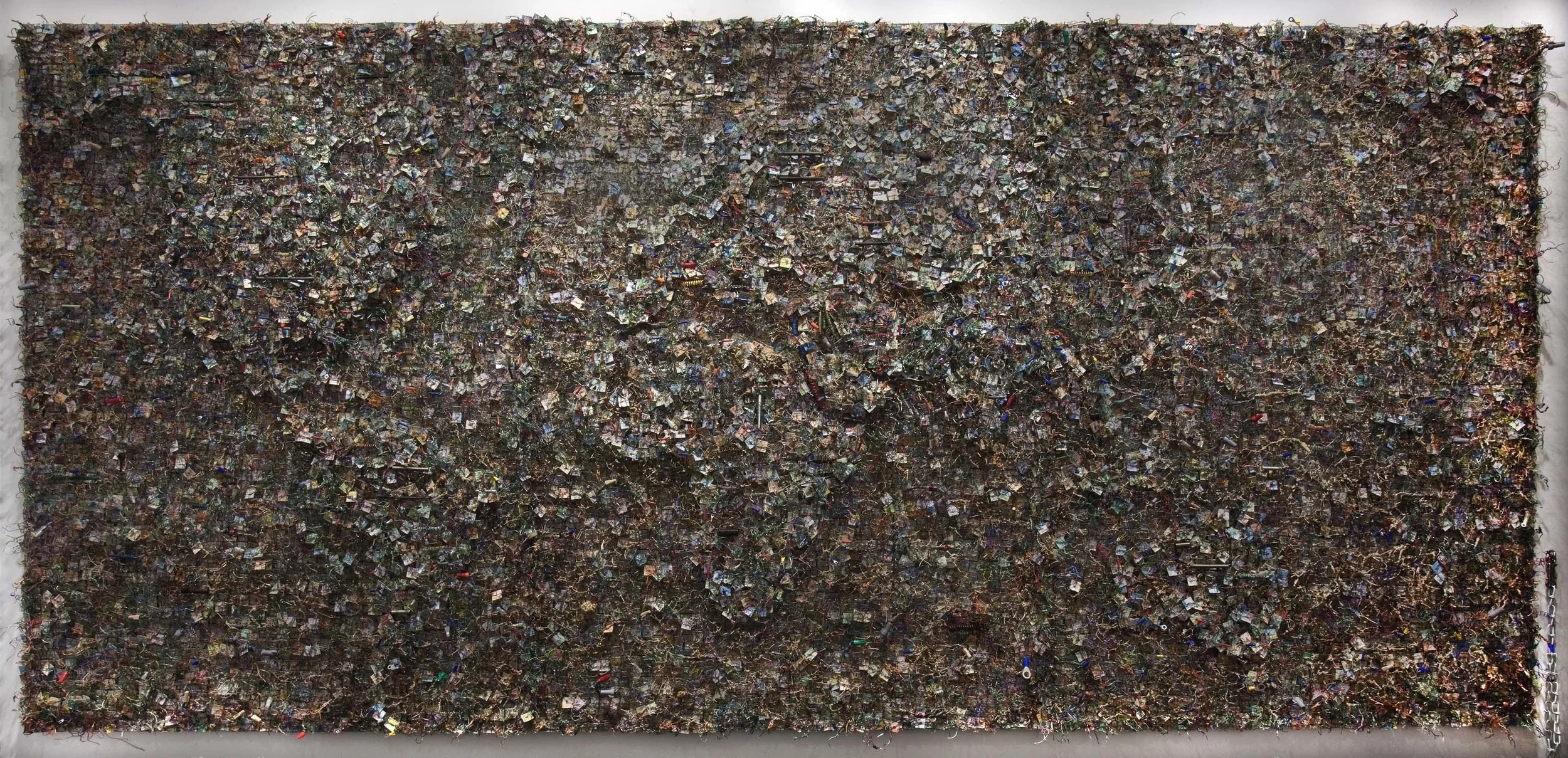 A World Portrait: Knotty, Interconnected World maps, heavy paper, acrylic gel telephone wire, speaker wire, twine, electrical connectors, jewelry findings, found objects 72"h x 144"length SOLD