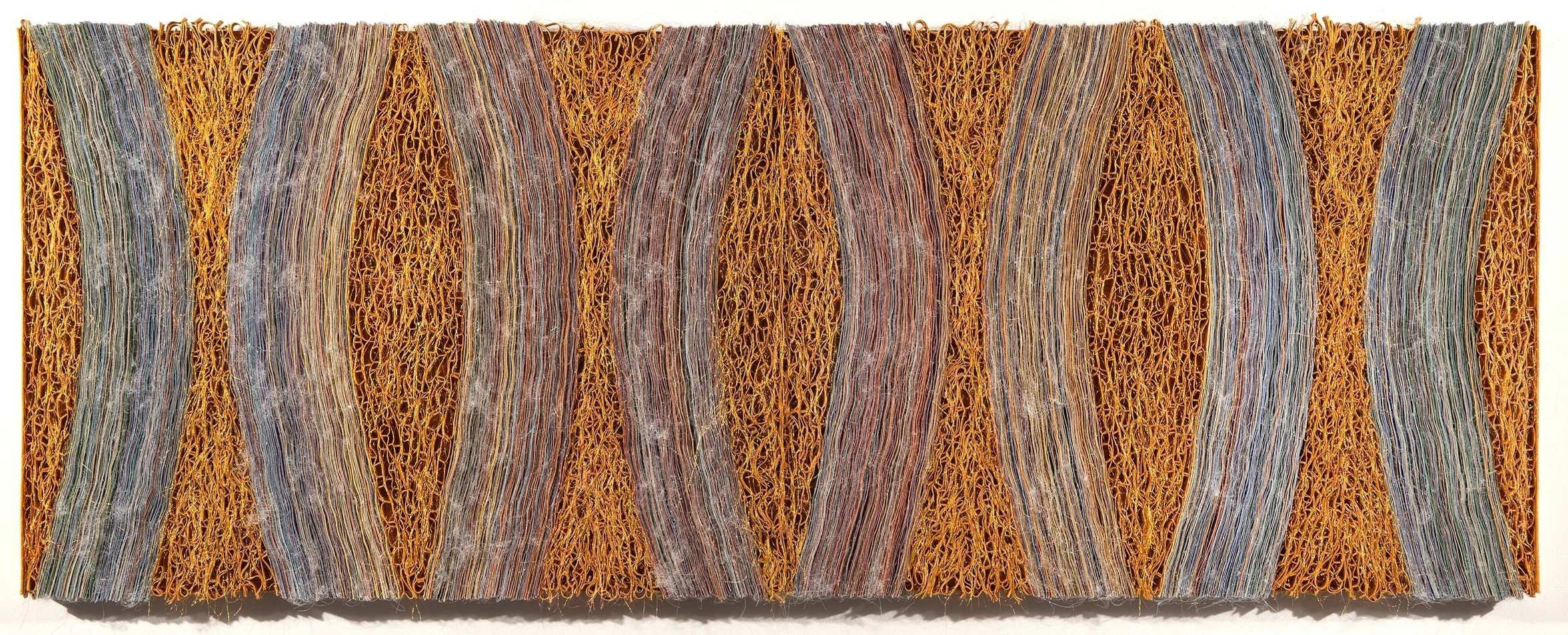 Golden Breath (Mist, Fire, Light) canvas, acrylic, metallic thread, transparent thread 80"w x 30"h x 2"d SOLD