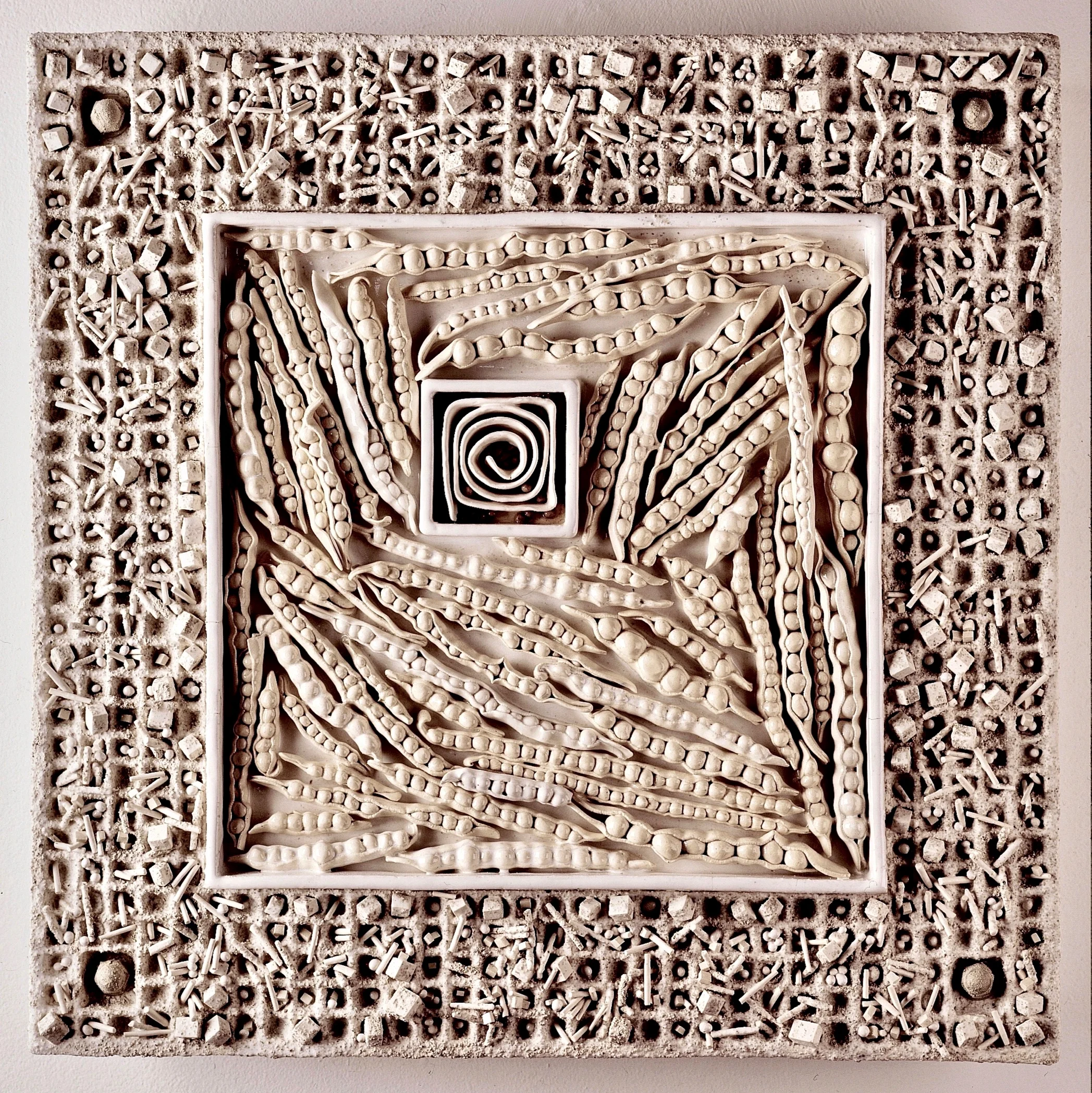   Pods and Spiral   Porcelain, 18”sq.  SOLD 