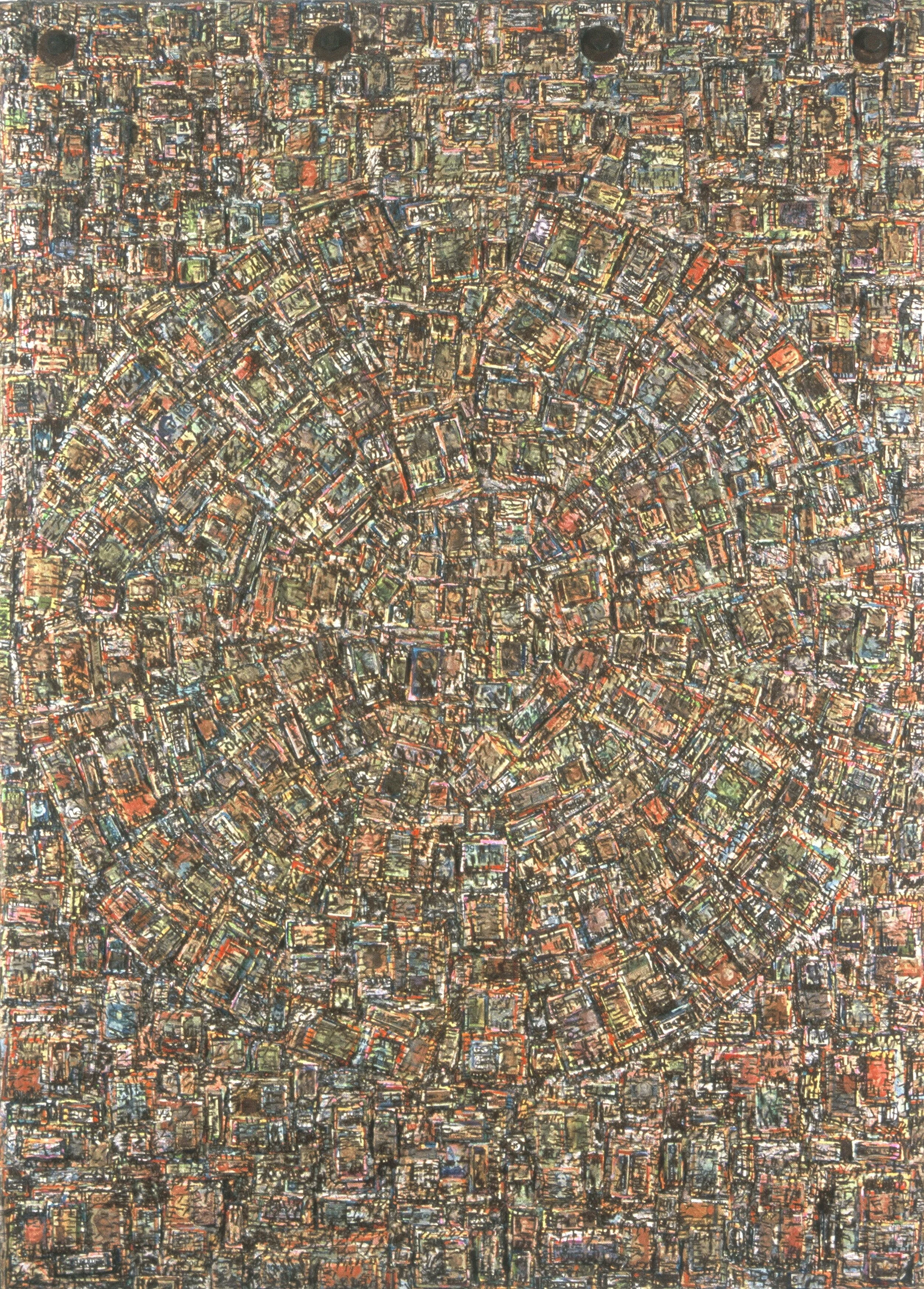   Layered World of Money      SOLD    heavy paper, world bank note images, acrylic gel,  glue, rust, staples  6'h x 4'w   