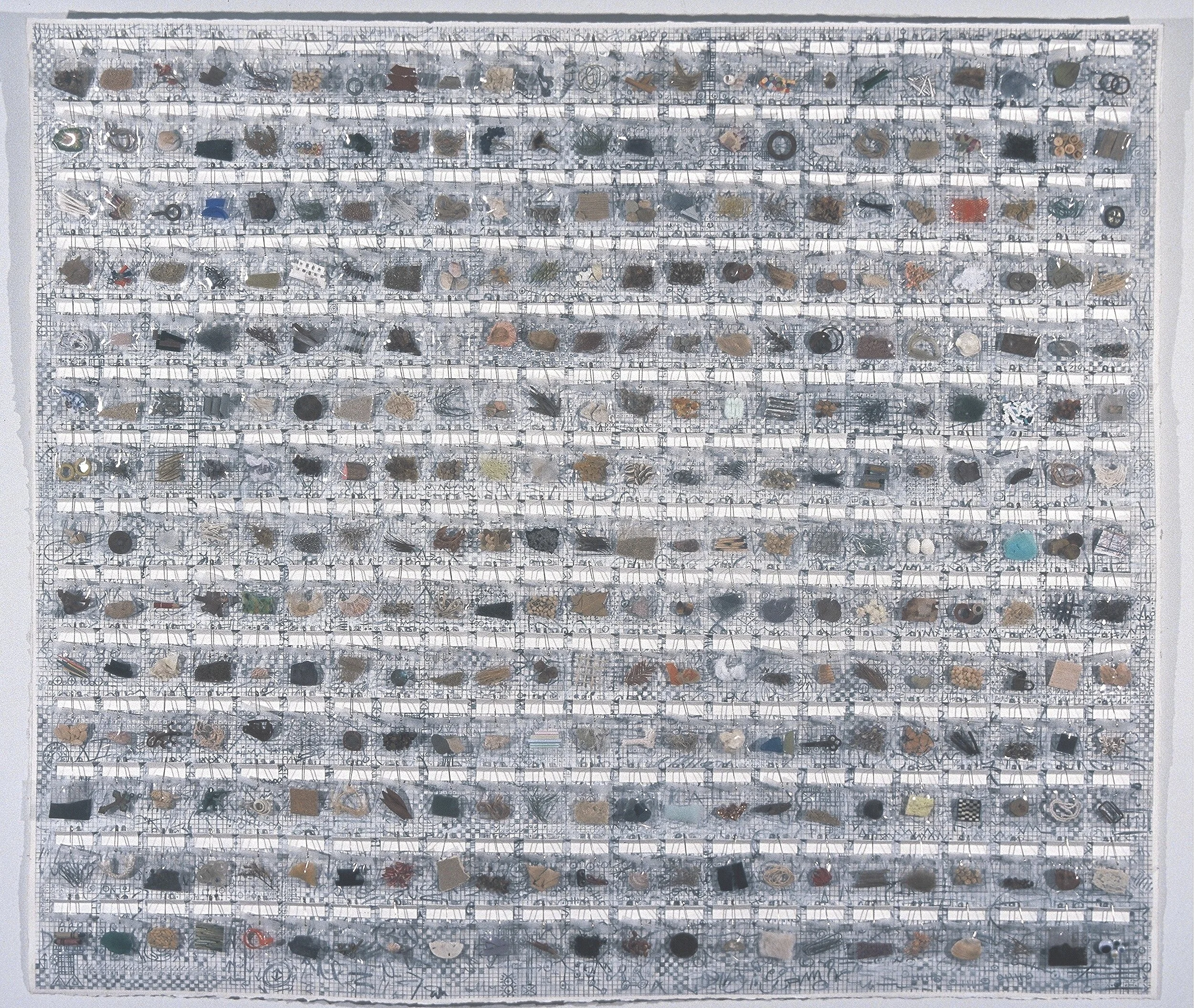   Collection: Saving Grace   heavy paper, graphite, slide packets, found objects,  acrylic gel, safety pins  4'h x 5'w 