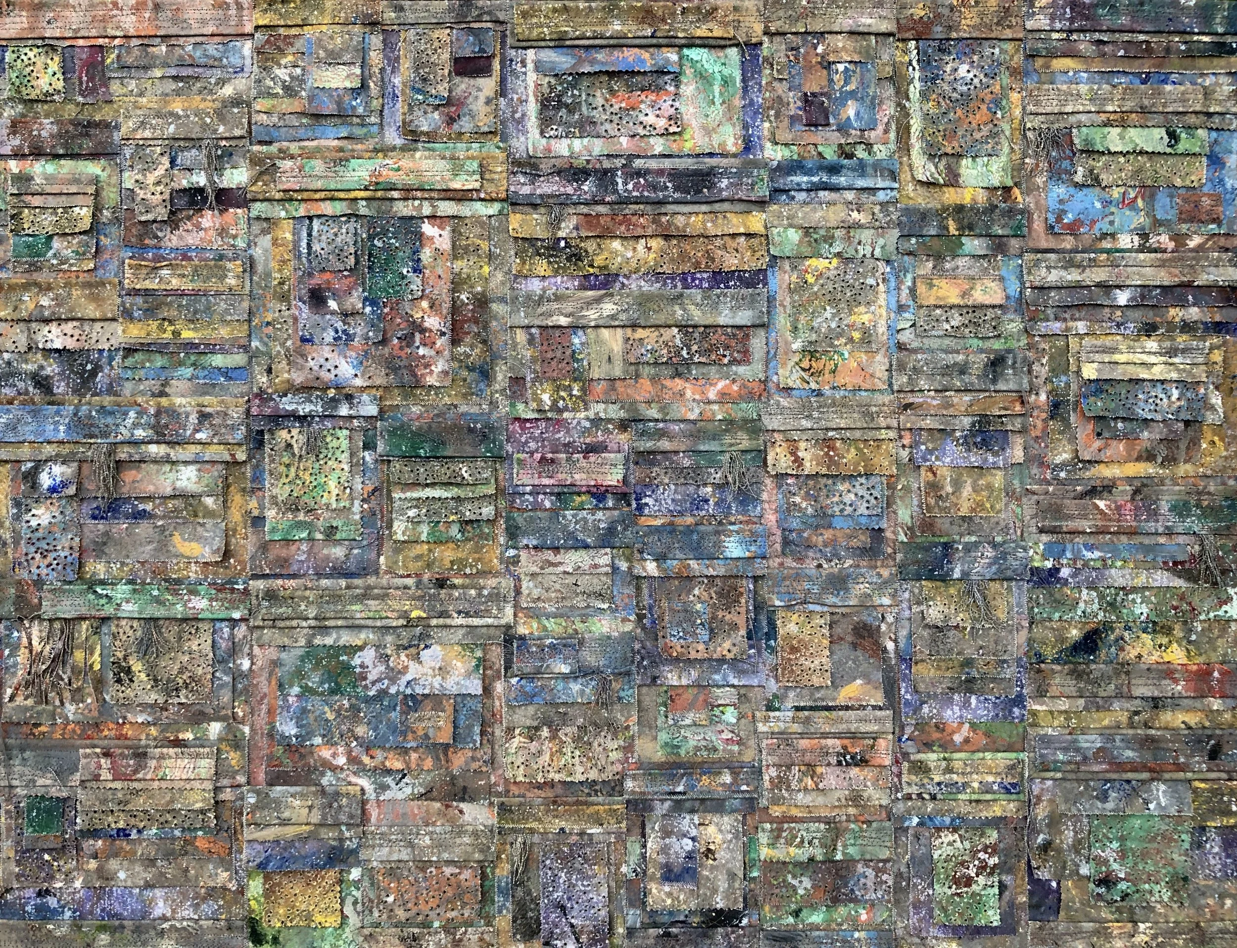   Reveal #3   2022; 30”h x 40”w  Acrylic-painted canvas and thread mounted on wood panel 