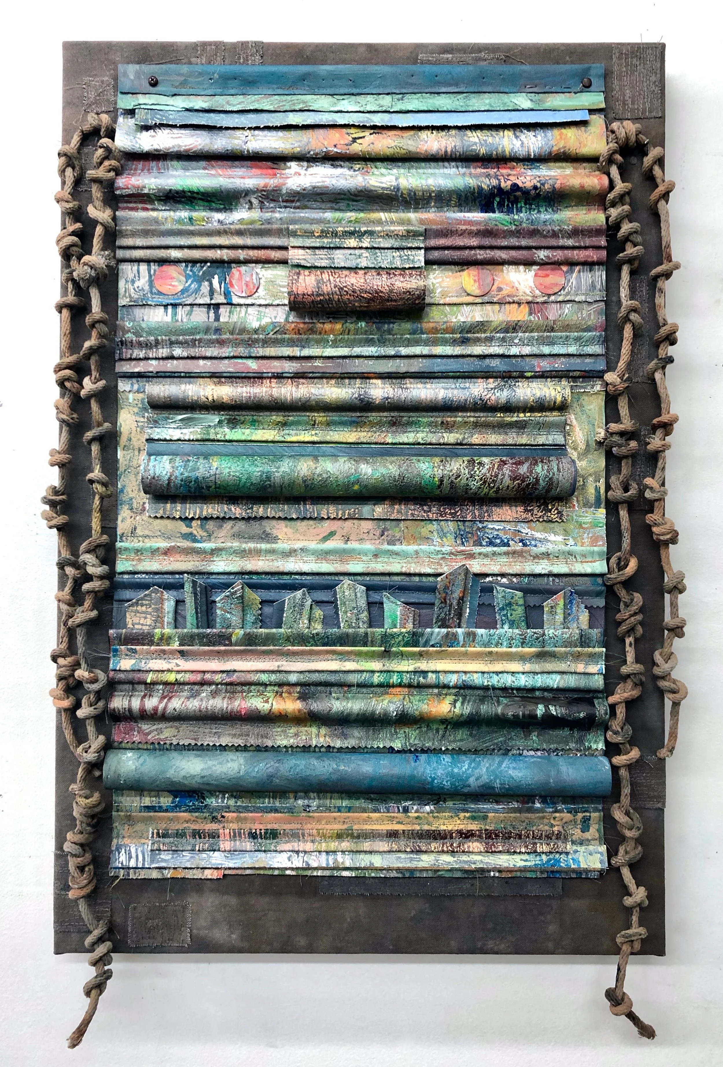   Mad/Madness     SOLD   Acrylic-painted canvas, rope, tacks, nails mounted on wood panel  2020 