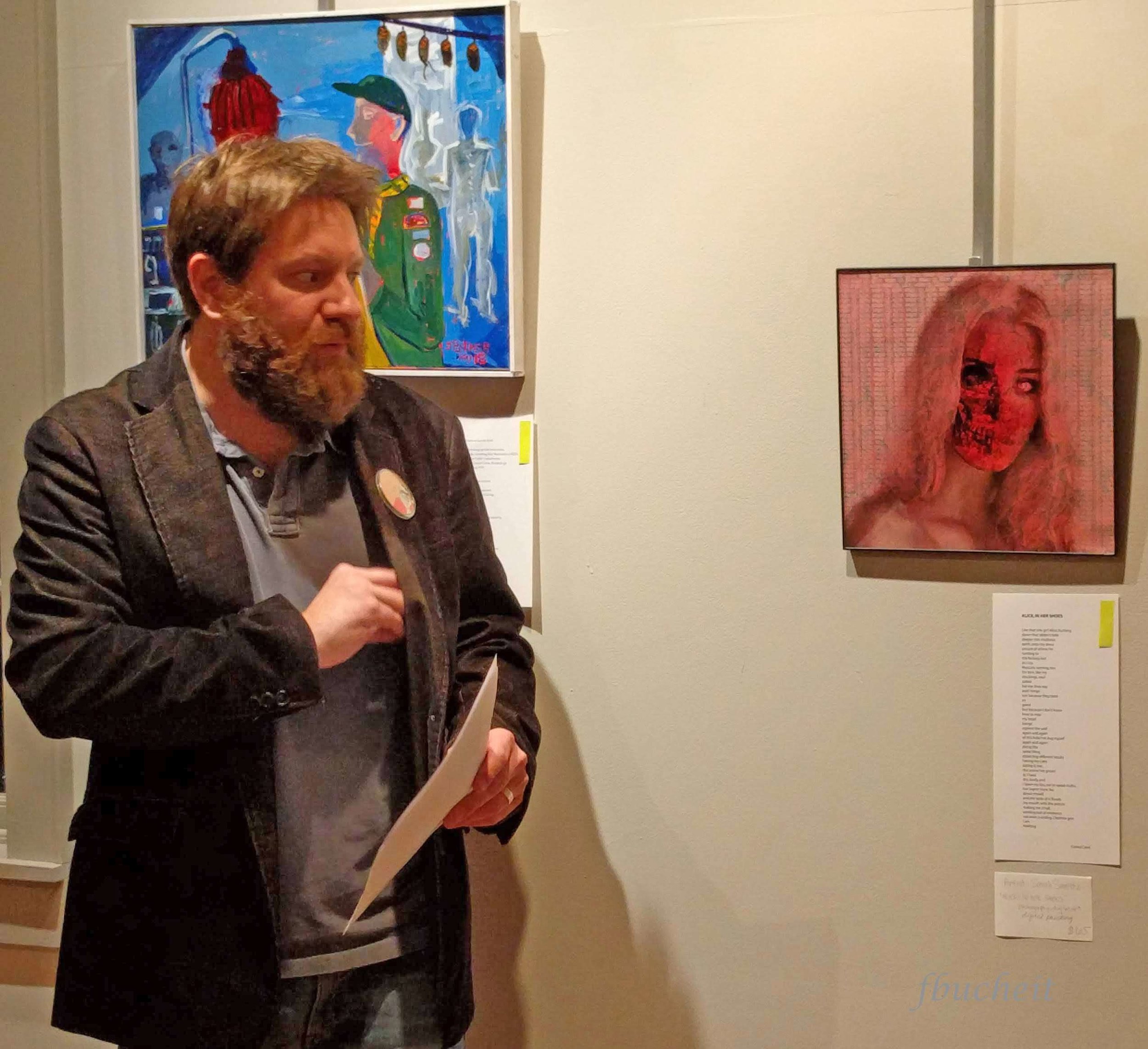 Poet and poetry organizer, Jared Conti, read his poem “Alice, In Her Shoes” as shown to the right as a piece of artwork, created by Sarah Smeltz