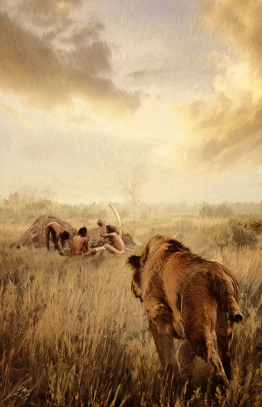 "The predator approached the site and noticed the two-legged creatures which were wandering around the old mastodon carcass ."