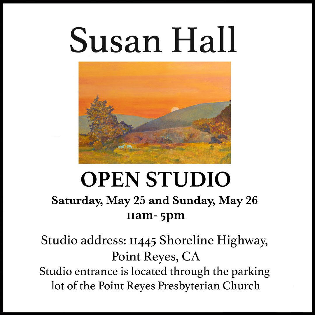 I am having an Open Studio this Memorial Day Weekend 2024-- Saturday May 25 and Sunday May 26 from 11am-5pm. 11445 Shoreline Highway, Point Reyes Station. See you then!