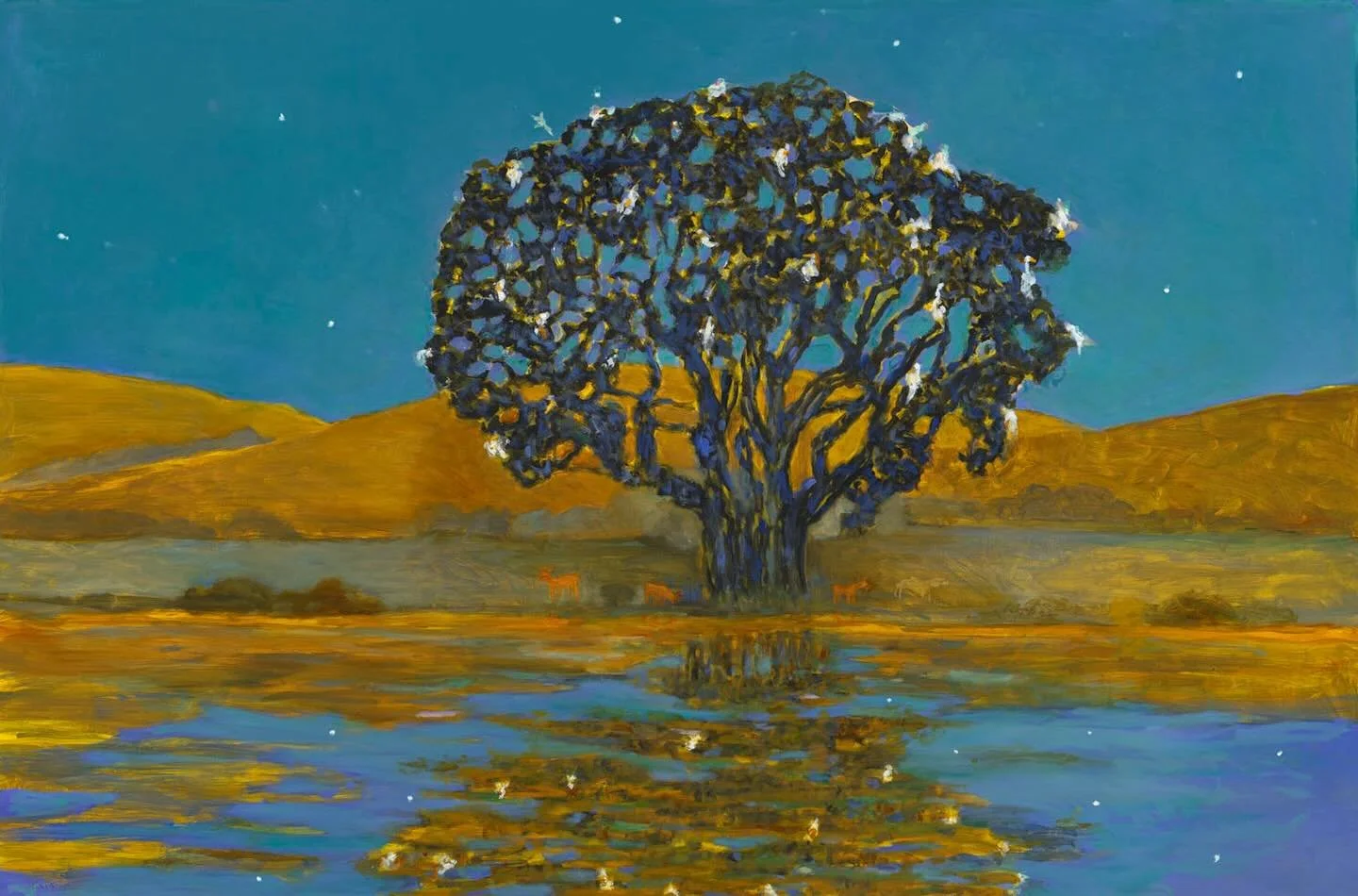 A painting of three red deer under the oak covered by cranes;
On view at my exhibition in Healdsburg until Tuesday, April 21st.