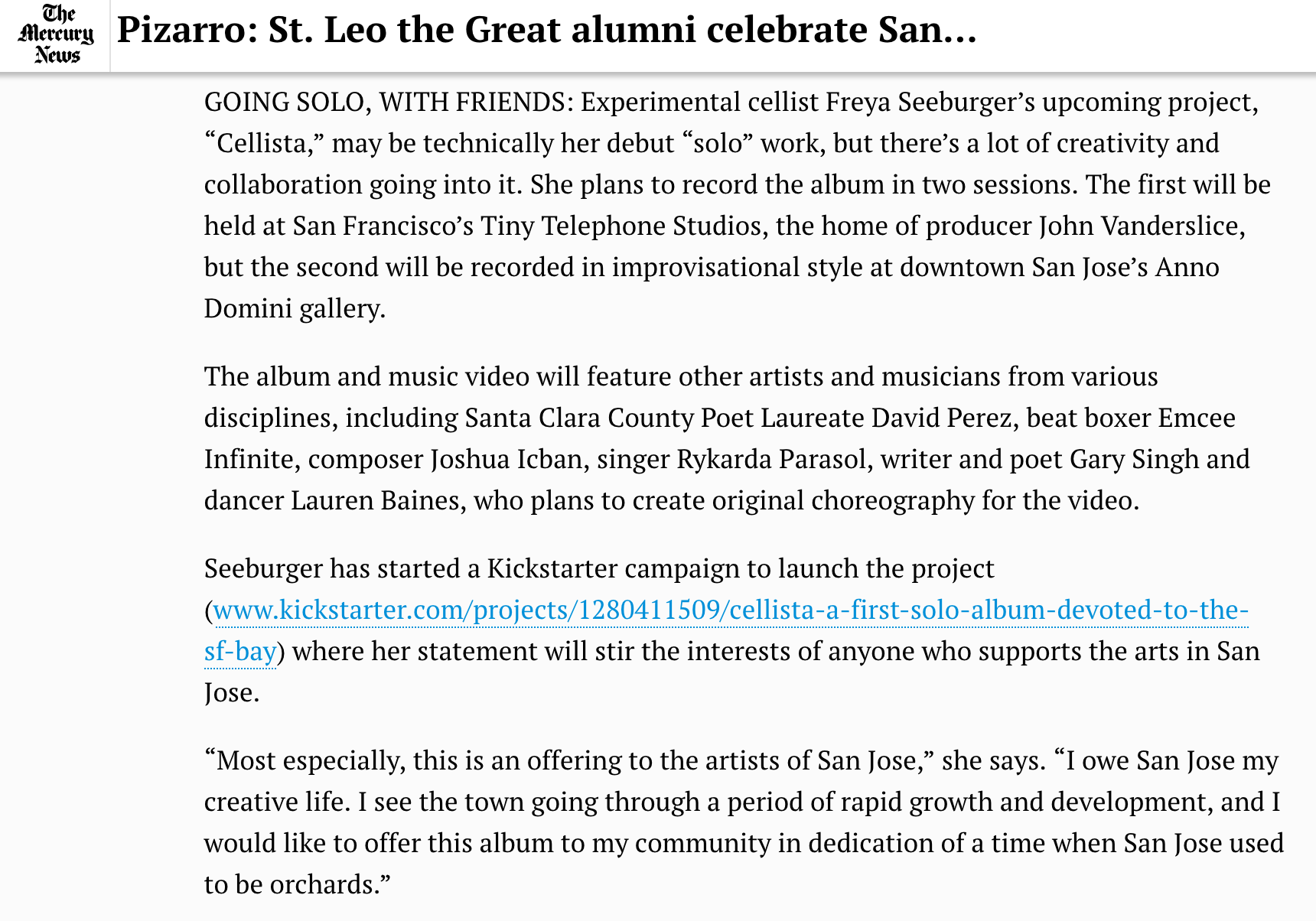 Article by Sal Pizarro of Mercury News