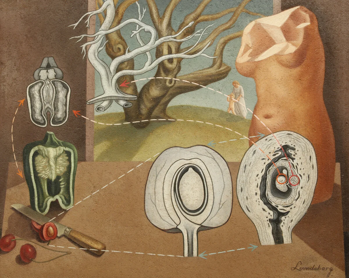 Plant and Animal Analogies , 1934-35 oil on Celotex 24 x 30 inches; 61 x 76.2 centimeters The Buck Collection at The UCI Museum and Institute for California Art