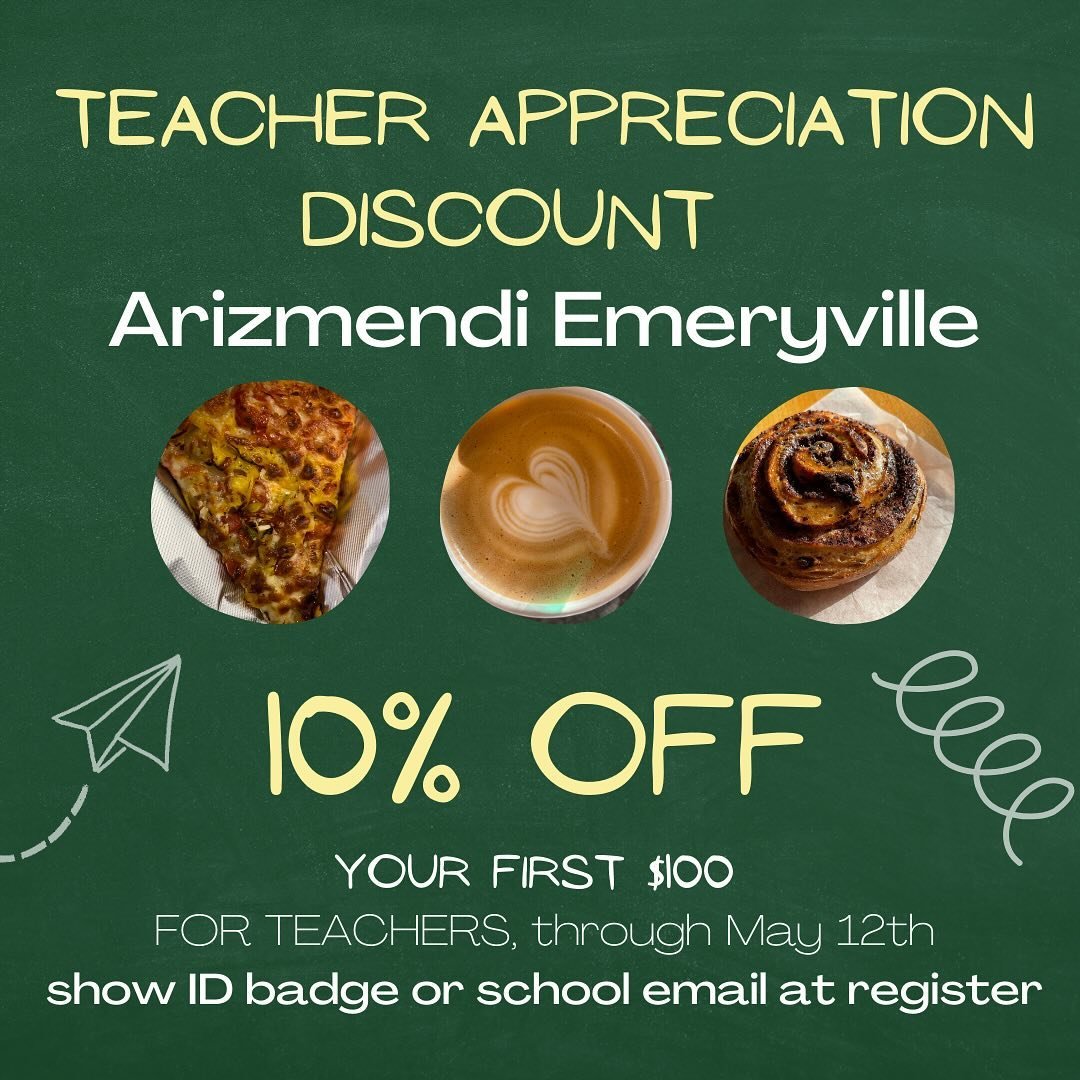 10% off your first $100 this week if you&rsquo;re a TEACHER! Through Sunday, May 12th. 

Thank you, teachers, for everything you do. 

#teacherappreciationweek #emeryville #eastbayeats #berkeleyfoodie #oaklandeats