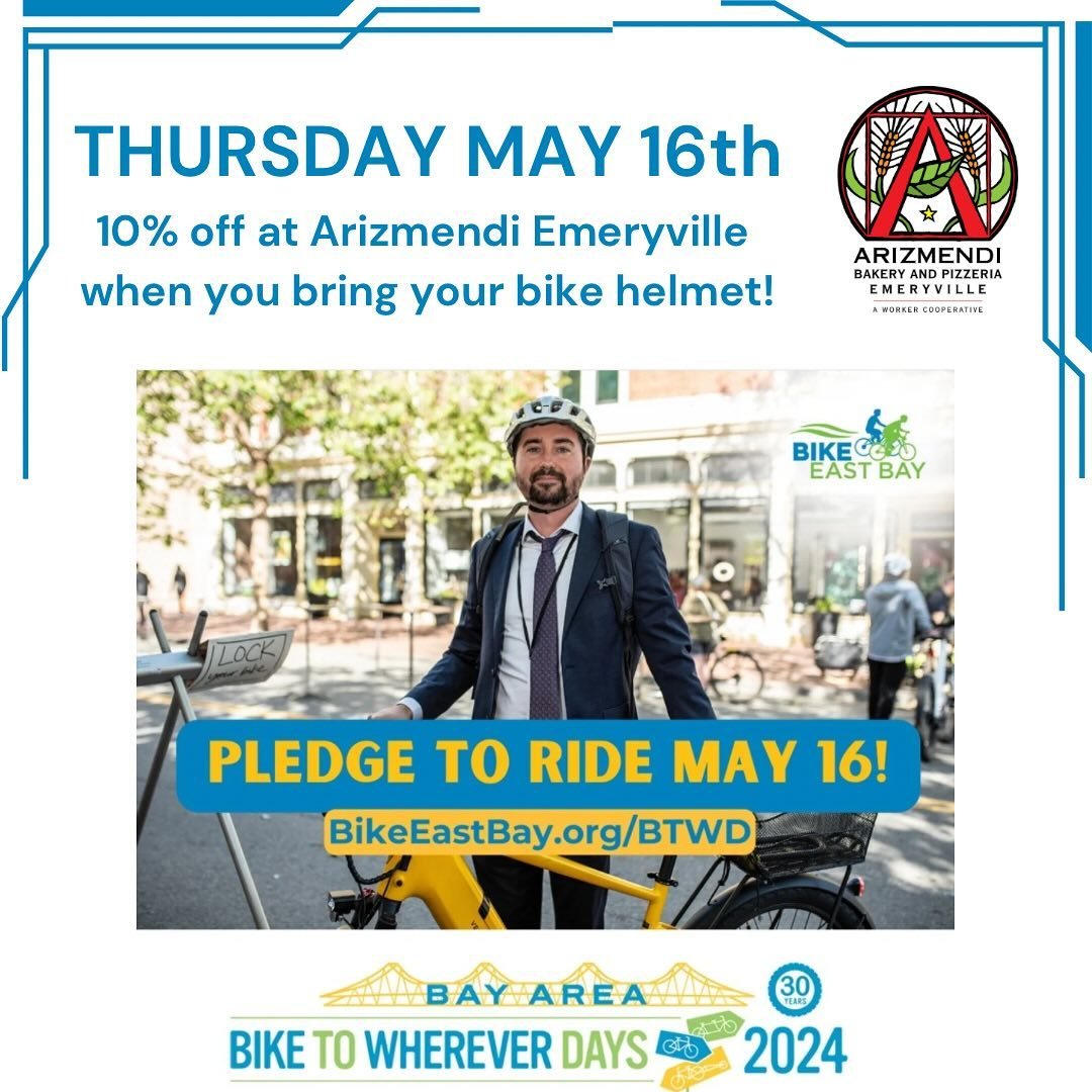 Emeryville bicyclists! In celebration of Bike to Wherever, organized by @bikeeastbay we are offering 10% off to anyone who comes in with their bike helmet this Thursday, May 16th! But remember to bring your bike lock so you can leave your bike on one