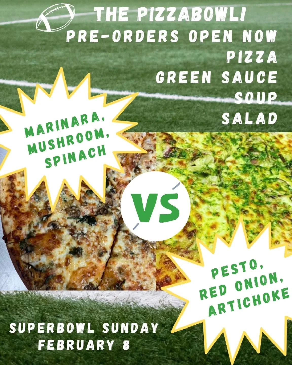 The Pizza Bowl approaches! On Superbowl Sunday, February 8, we will be offering two duelling pizza combos. Pre-order pizza, green sauce, soup and salads for a pizza-ful Superbowl party! Pre-order link in bio
