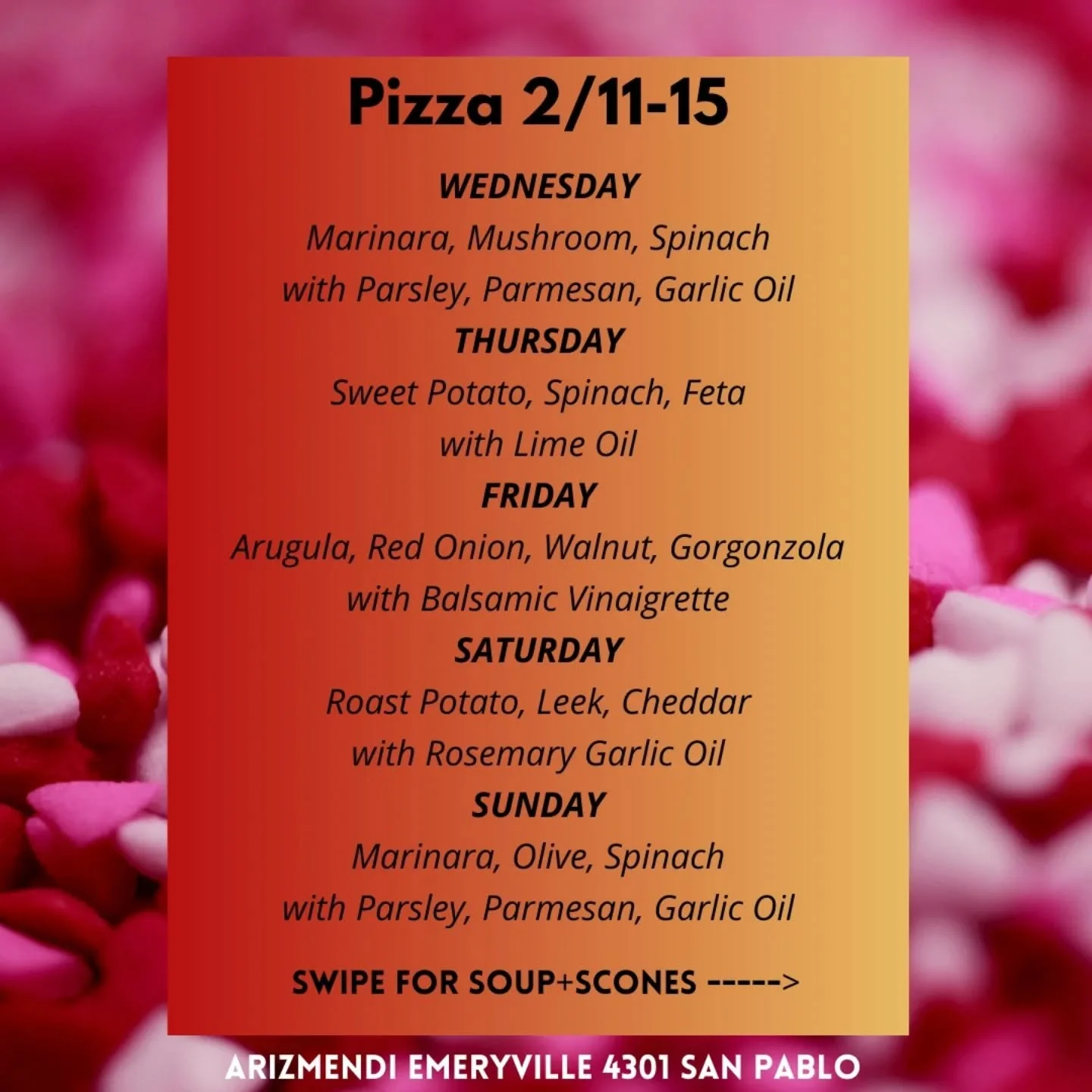 This week: A flurry of holiday activity!!

 Valentine's Day vibes take over with raspberry pink lemonade, heart shortbread, and red velvet whoopie pies!
Lunar New Year: 2026 is the year of the Fire horse!  Horseshoe shortbread, Chinese almond cookies