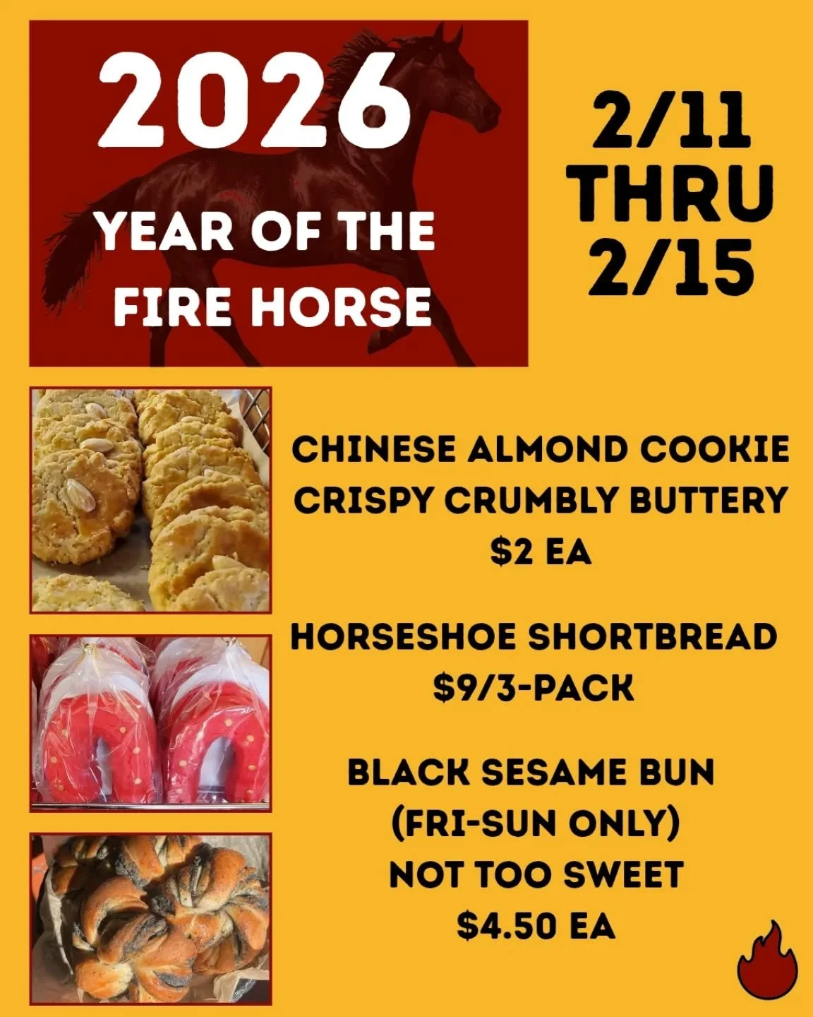Lunar New Year treats this week: Chinese almond cookies, horseshoe shortbread, and black sesame buns (Fri-Sun)!