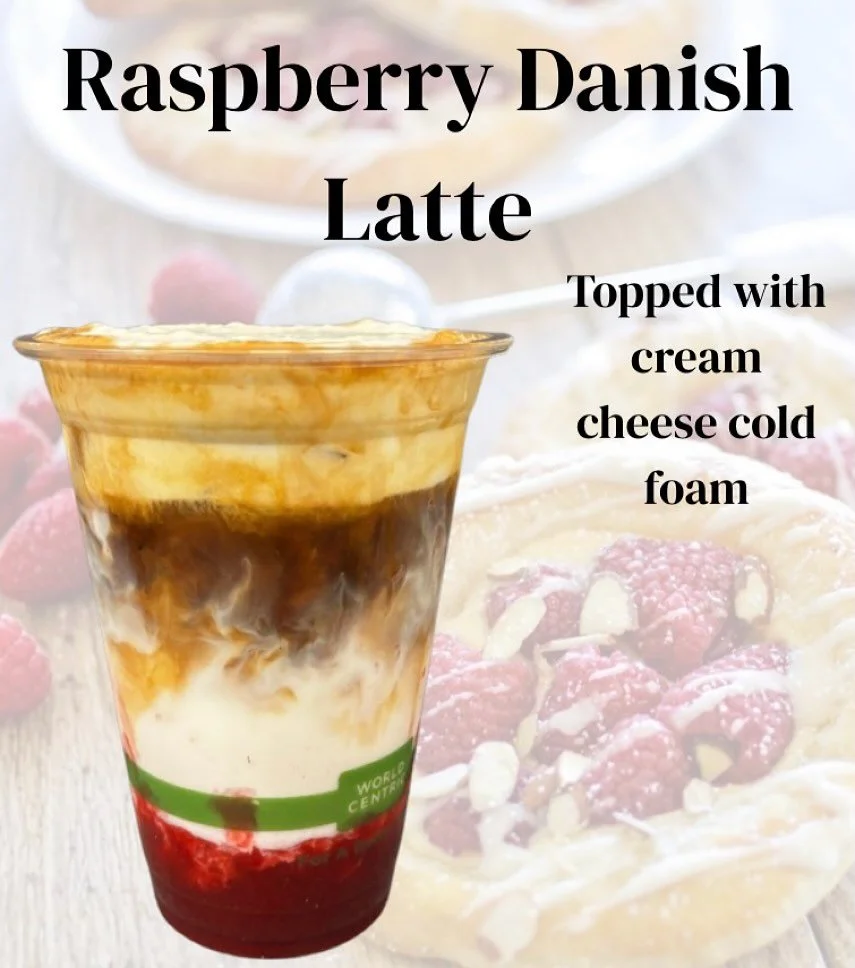 Starting tomorrow Saturday May 2nd, we will be serving the Raspberry Danish latte! Delicious layers of fruity raspberry, rich coffee, milk or non dairy of your choice, and topped with a cream cheese cold foam?😍 
Available through May!
Thank you so m