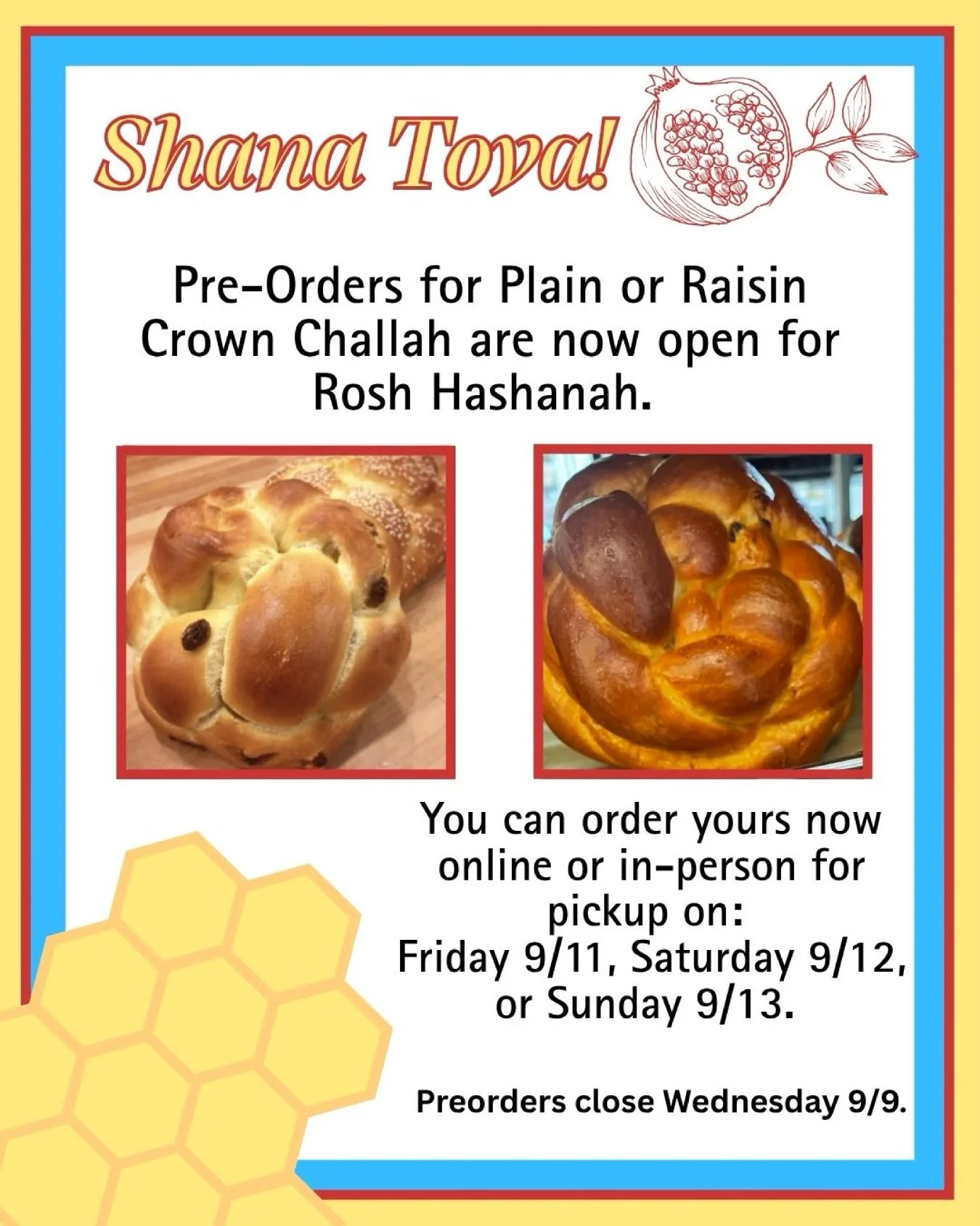 Shana Tova!
Preorders are open for our plain or raisin crown challah for Rosh Hashanah! 
You can order online(link in bio) or in person at Arizmendi Emeryville for pickup on Friday 9/11, Saturday 9/12, or Sunday 9/13. 
Preorders close Wednesday 9/9. 