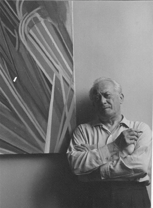 Lorser Feitelson with hardedge painting, September 1959