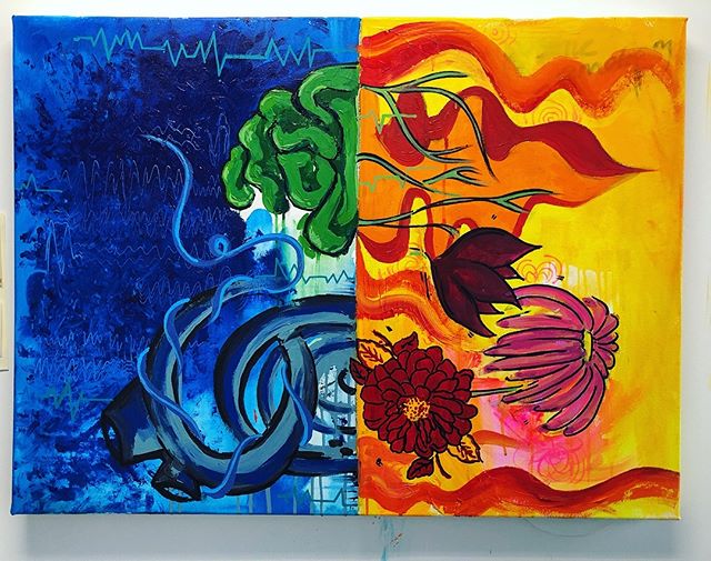 An abstract disgram of my brain... Positive versus negative emotions based on medical illustrations #abstractart #art #contemporaryart #artistsoninstagram #color #acrylicpainting #contrast #thebrain #themind #emotions #warmandcool #graphicart