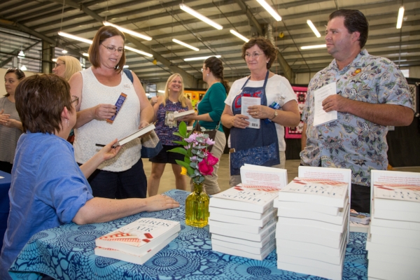 Adele (white tank top, standing behind Frances) having her book signed. Adele designed the pattern for "Bauhaus Birds in the Air" shown above. 