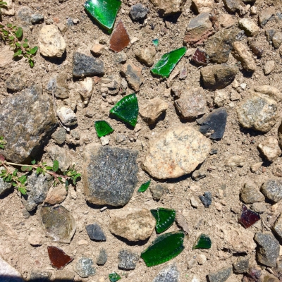 Trash and Treasure-- broken glass glinting in the sunlight along the Norcross train tracks 