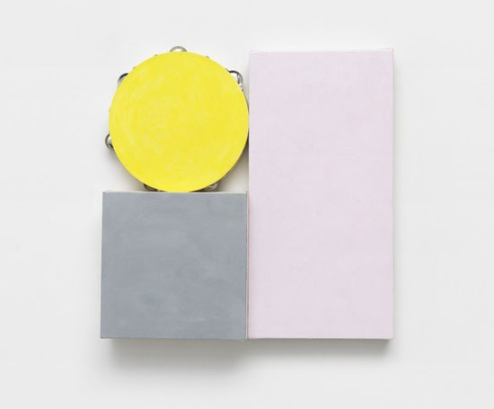 Paul Lee, Very Slightly, 2016. Tambourine, acrylic, and canvas, 20 1/2 x 20 1/2 x 3 1/2 inches. Courtesy of the artist and Maccarone, Los Angeles.