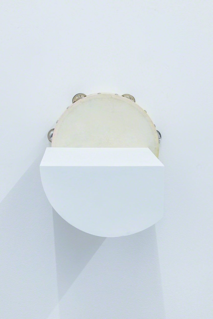 Paul Lee, untitled (tambourine), 2014 Tambourine, acrylic, pastel, wood glue, birch plywood, screws 10 1/2 × 10 1/2 × 11 in