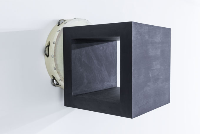 Paul Lee, Untitled (Tambourine), 2014 Tambourine, acrylic, pastel, wood glue, birch plywood, screws 27,9 x 30,5 x 30,5 cm