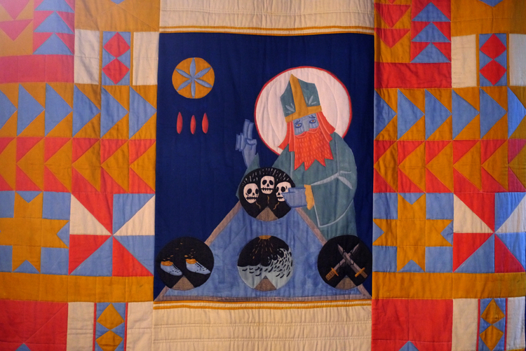Stewart Easton, His Piety knows no bounds, 2015 (detail) Interactive quilt, 250cm x 200cm.