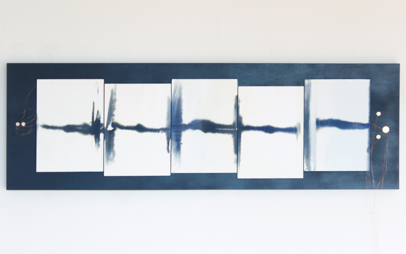 Juliana Herrero, a white noise, the grilles and the sea, 2016 (125 cm x 40 cm x 5 cm) Wall object with sound; non washed blue prints as synesthesia, museum glass, anthracite board, copper wire, piezo's, electronic heart, sound on playback.