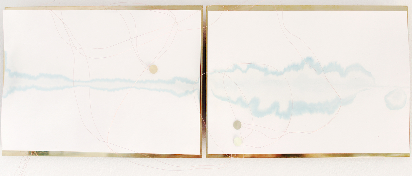 Juliana Herrero, La Tonita Blue, 2016. (30cm x 21cm x 2cm) Mixed media sounding sculpture: microsound and watercolor blue print technique as synesthesia, brass boards, copper wire, piezo's, electronic heart, sound on playback. Rhizome and speaker wires are running from floor to ceiling.